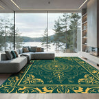 Ornate Teal Gold Floral Border Centerpiece Rug
