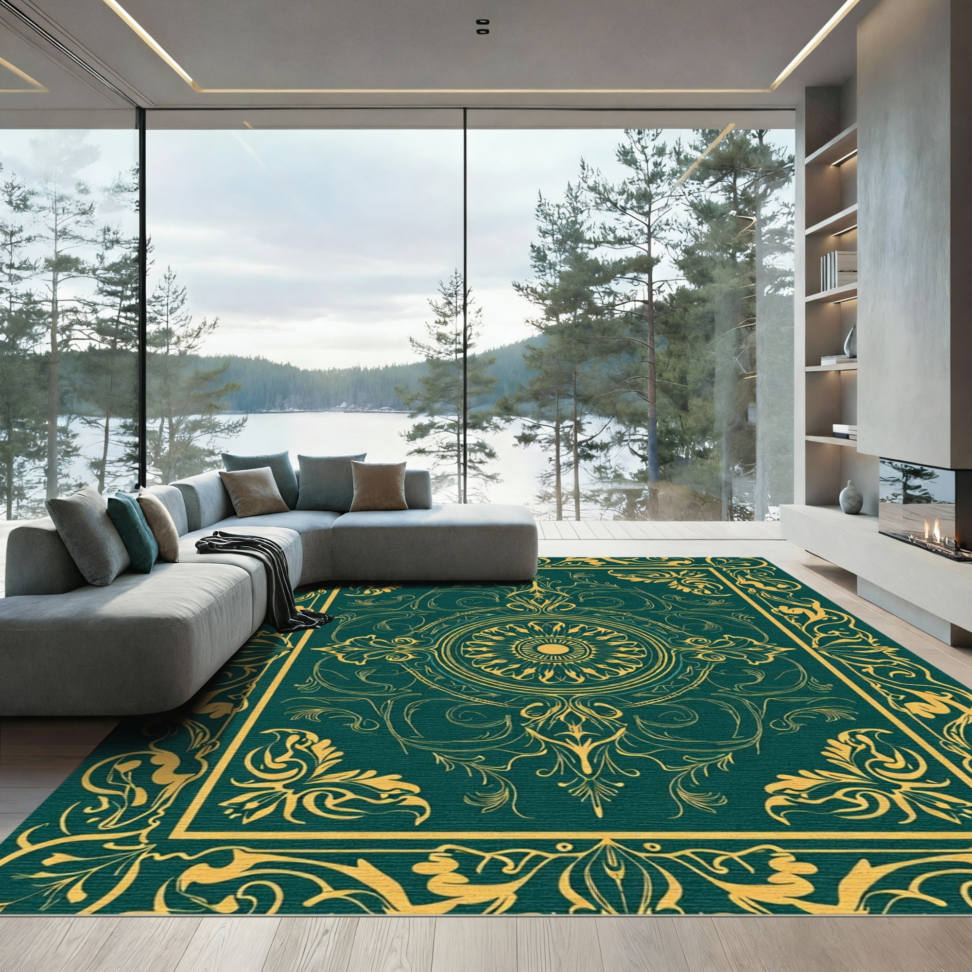 Ornate Teal Gold Floral Border Centerpiece Rug
