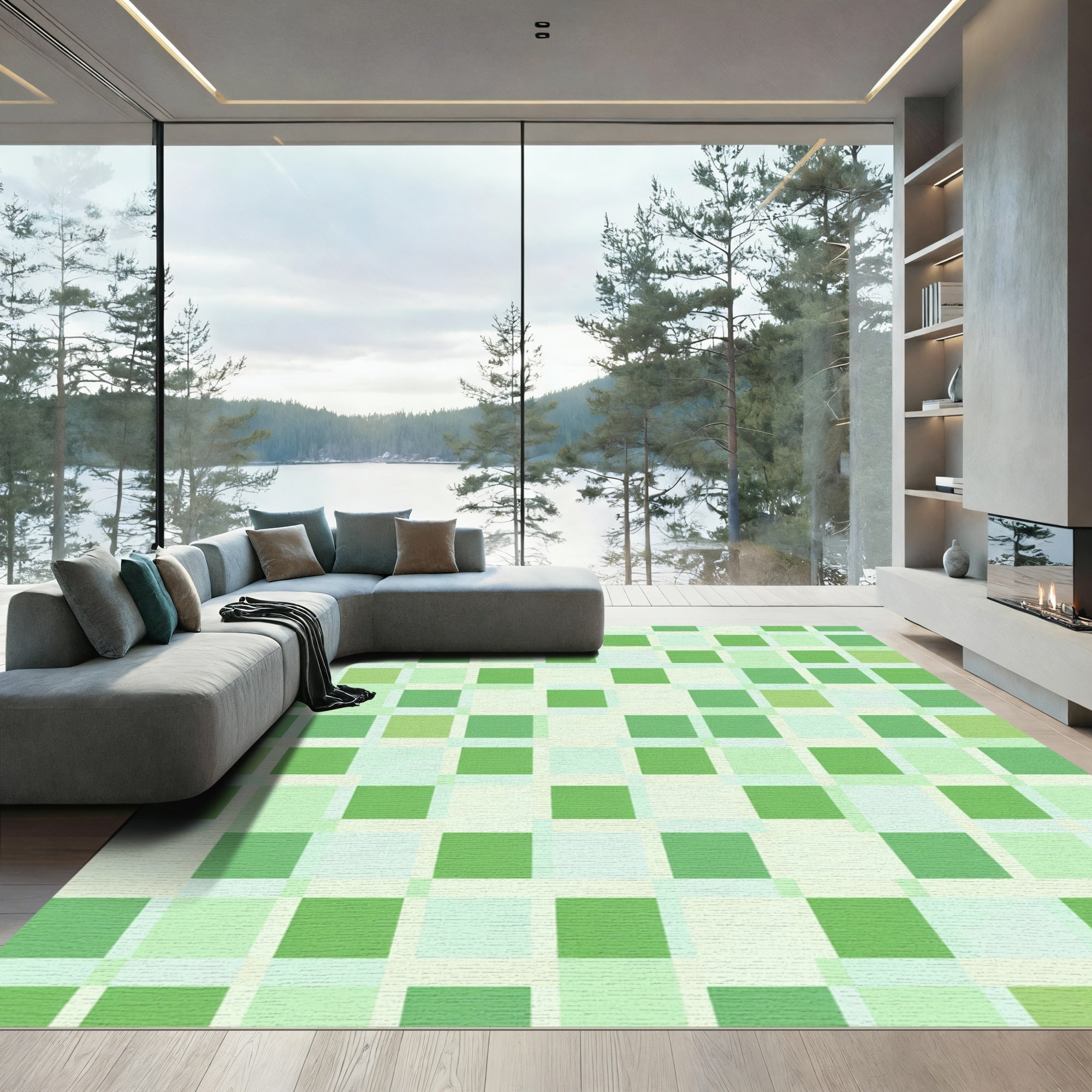 Fresh Green Square Checkered Rug
