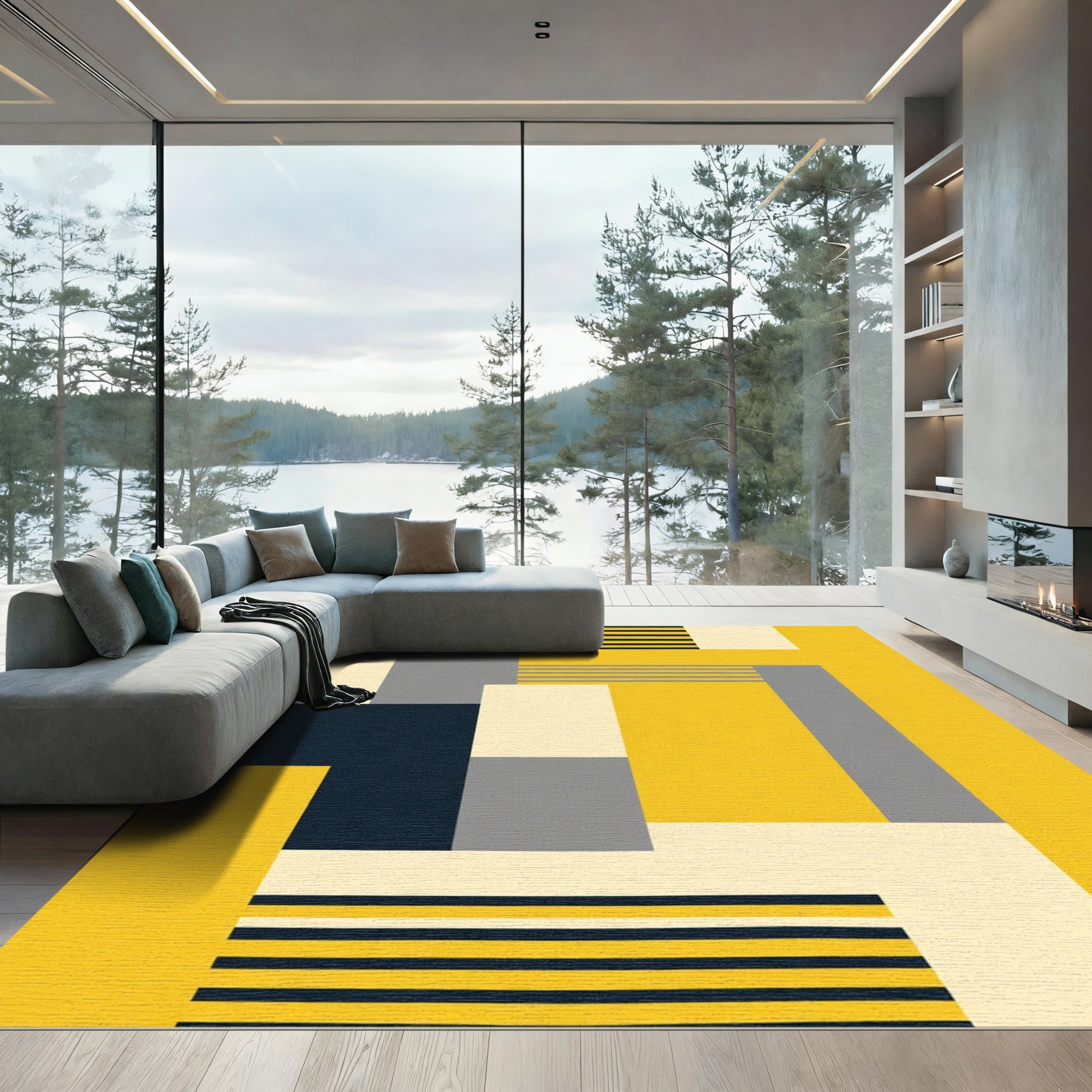 Bold Yellow Geometric Mondrian Blocks Rug