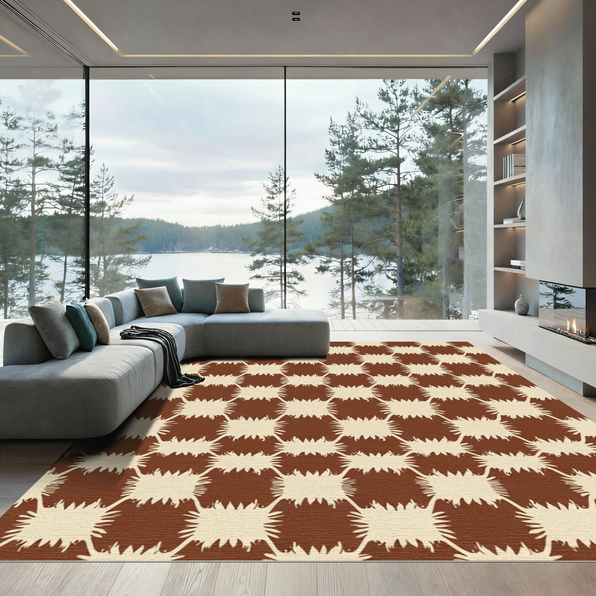 Brown Beige Splattered Squares Rug