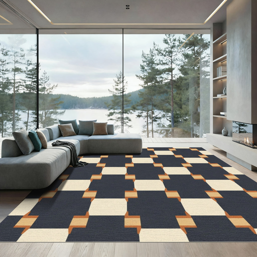Navy Cream Ochre Interlocking Squares Rug