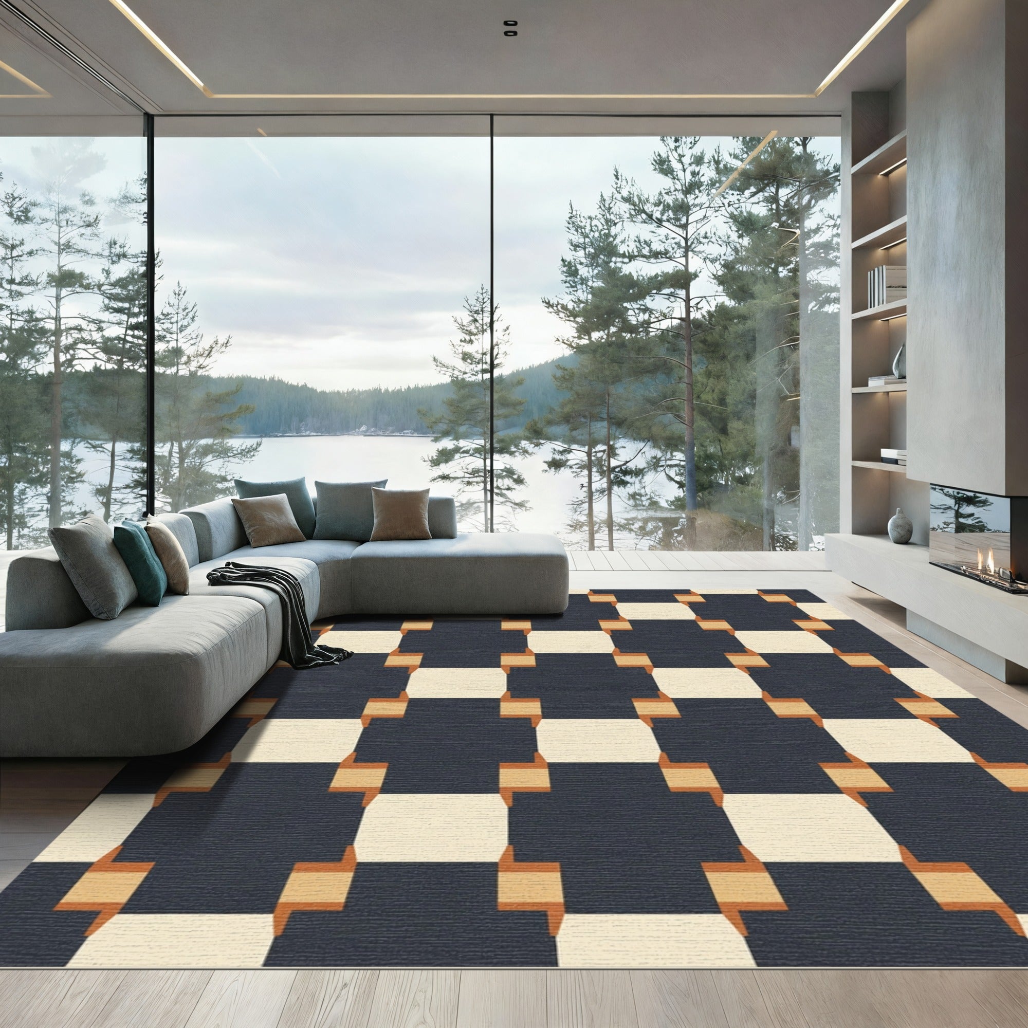 Navy Cream Ochre Interlocking Squares Rug