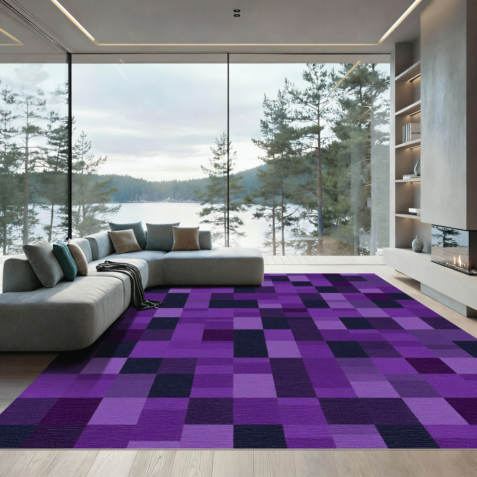 Vibrant Purple Pixelated Geometric Rug