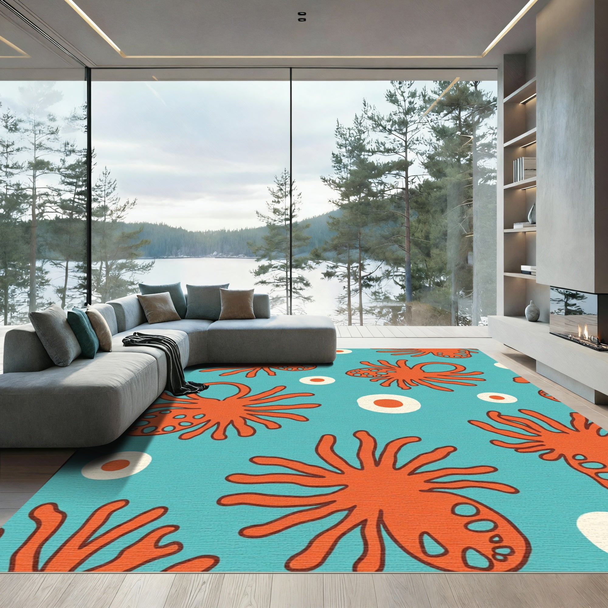 Whimsical Orange Sea Creature Bubbles Rug