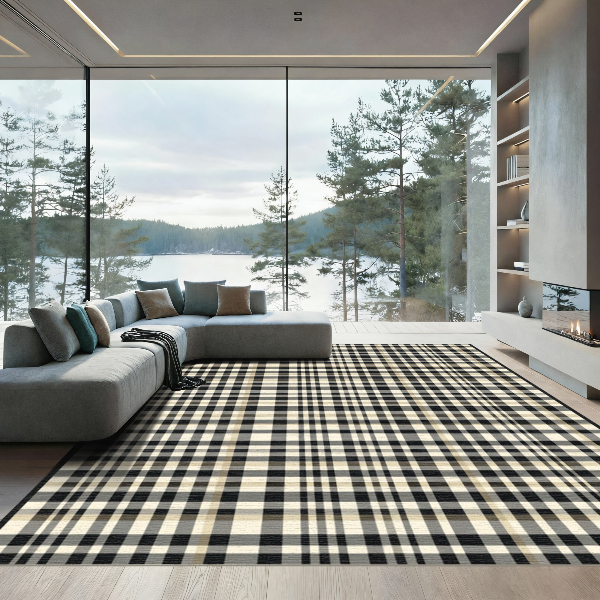 Classic Black Cream Plaid Checkered Rug