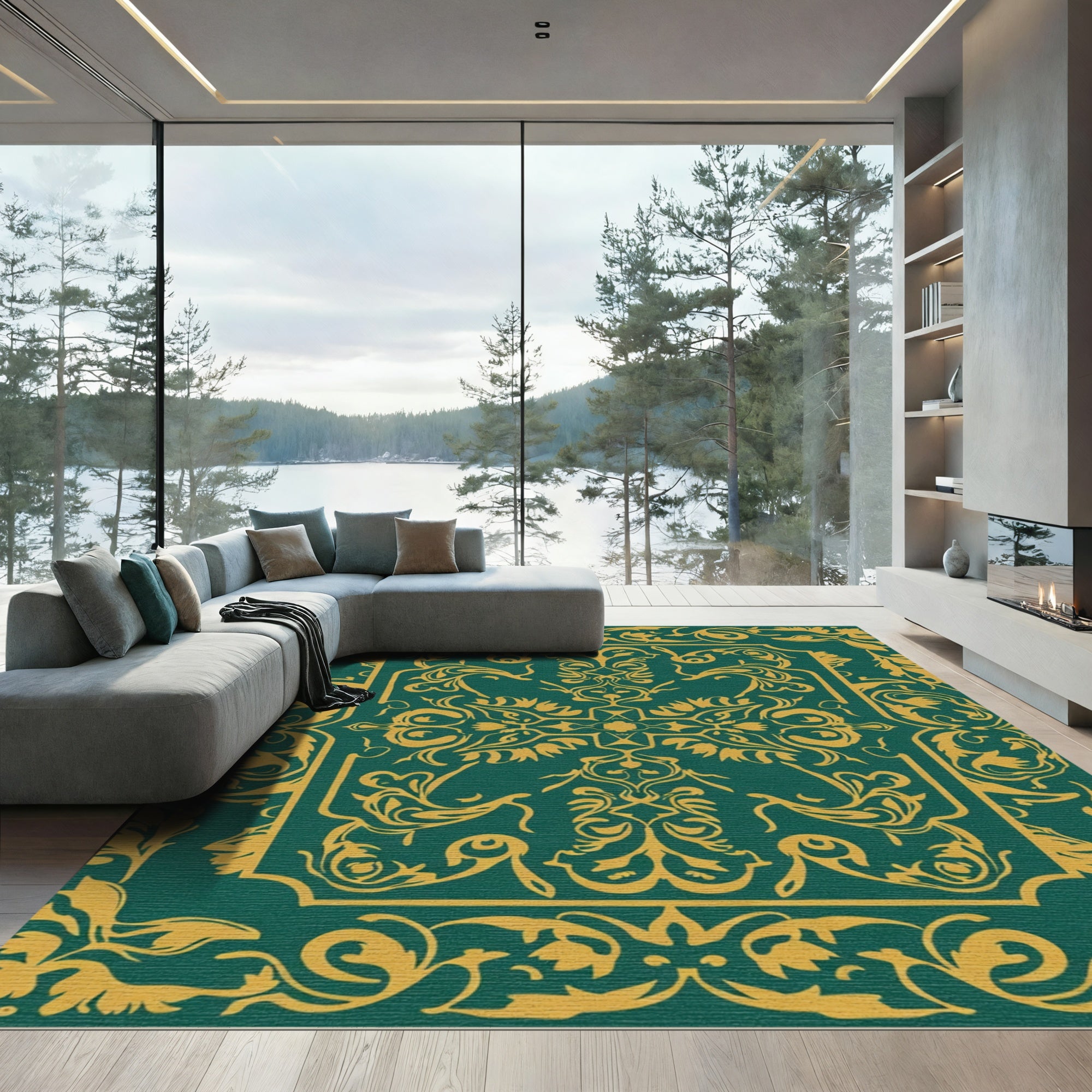 Emerald Gold Ornate Scroll Rug