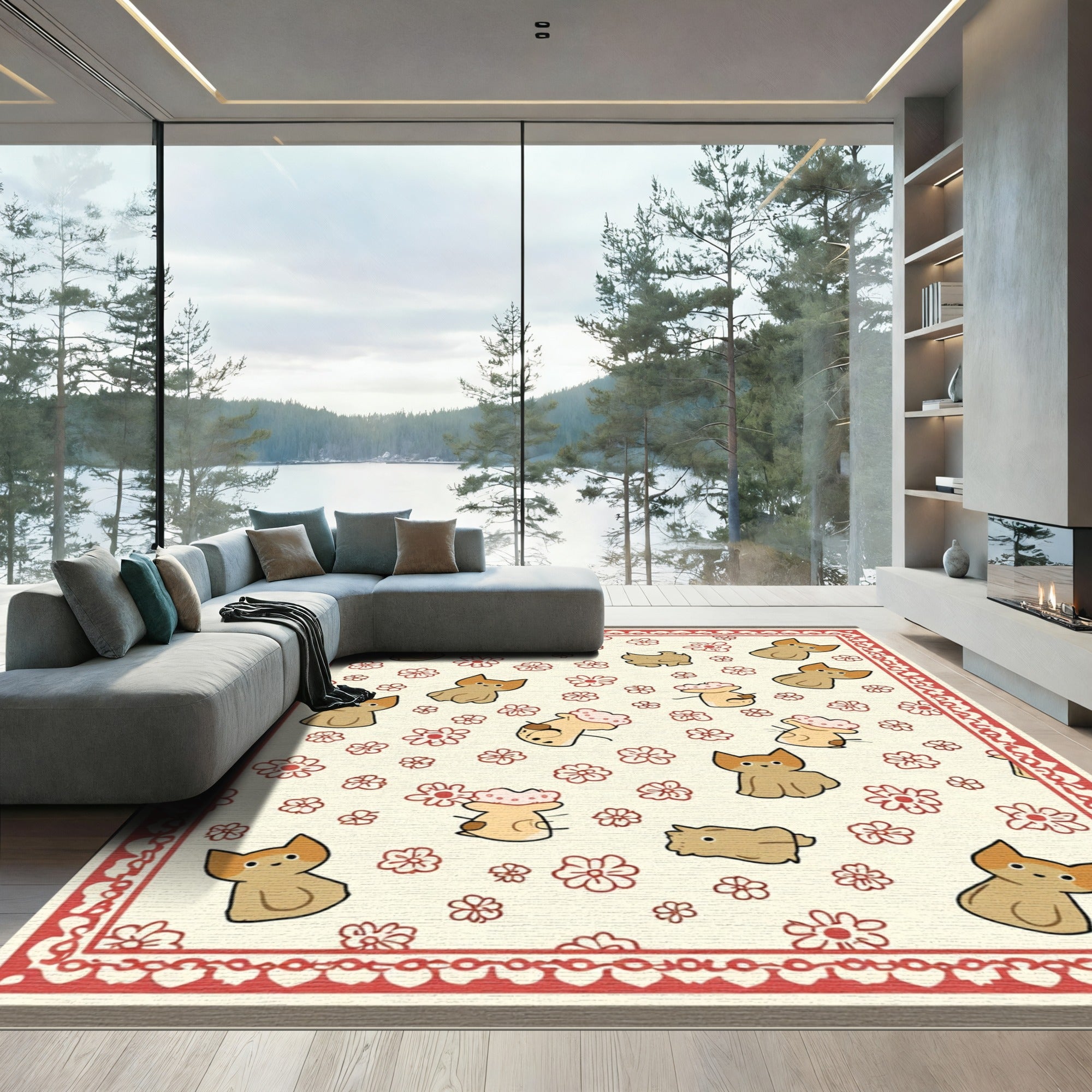 Cute Fox Flower Repeat Rag Rug