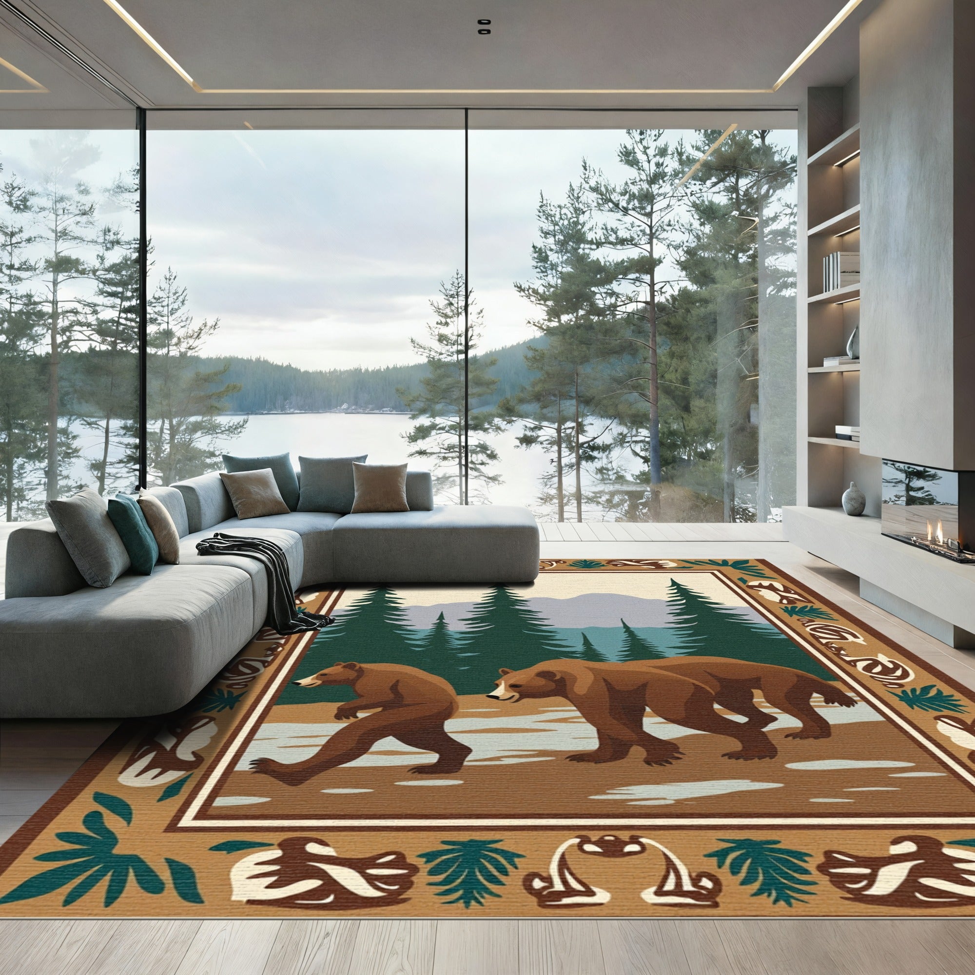 Brown Bear Forest Woodland Scene Rug