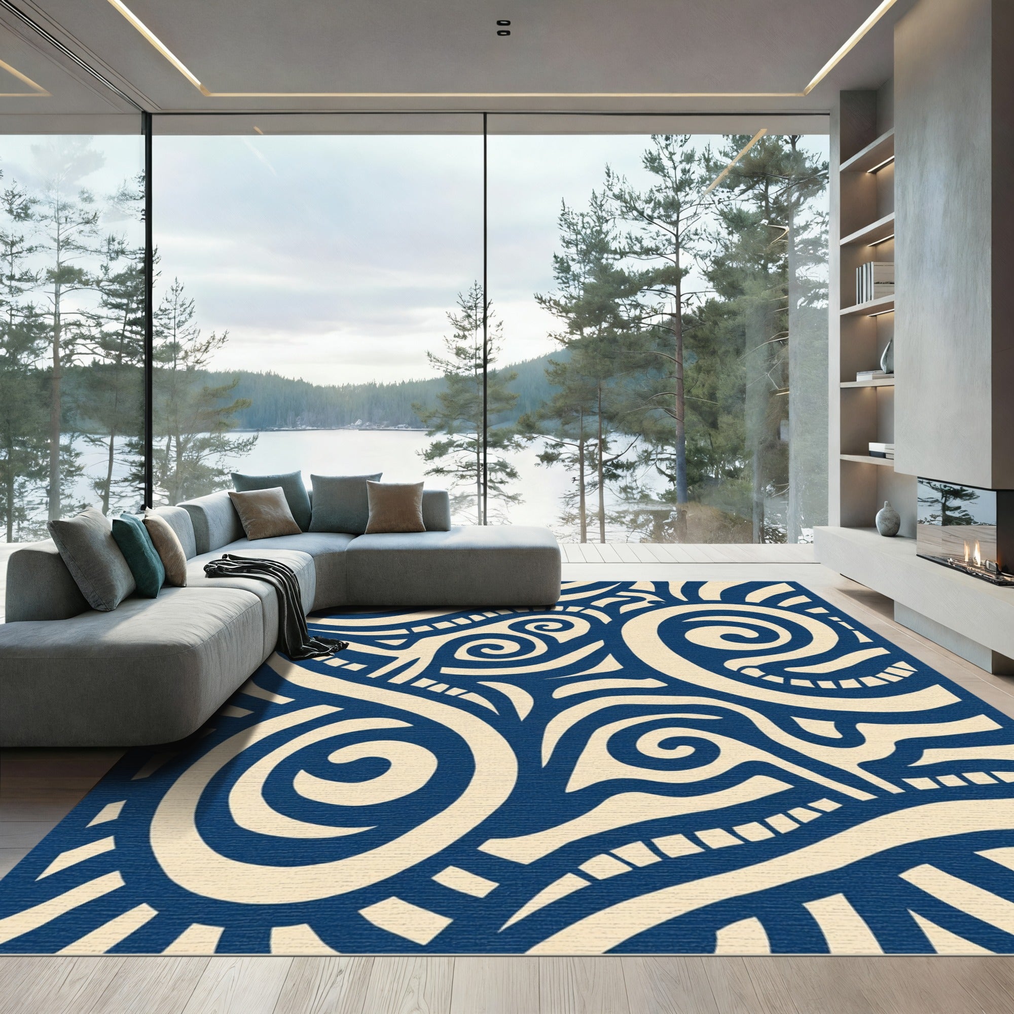 Navy Cream Swirling Organic Lines Rug