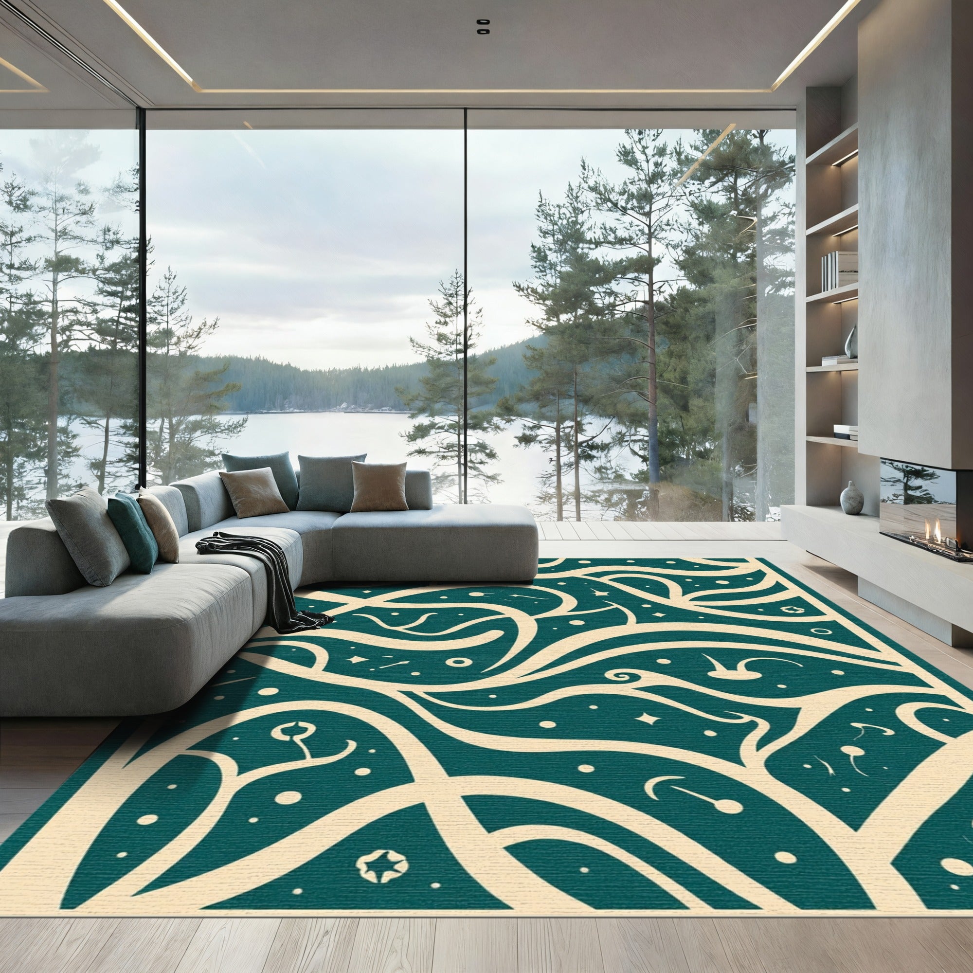Teal Cream Organic Swirl Constellation Rug