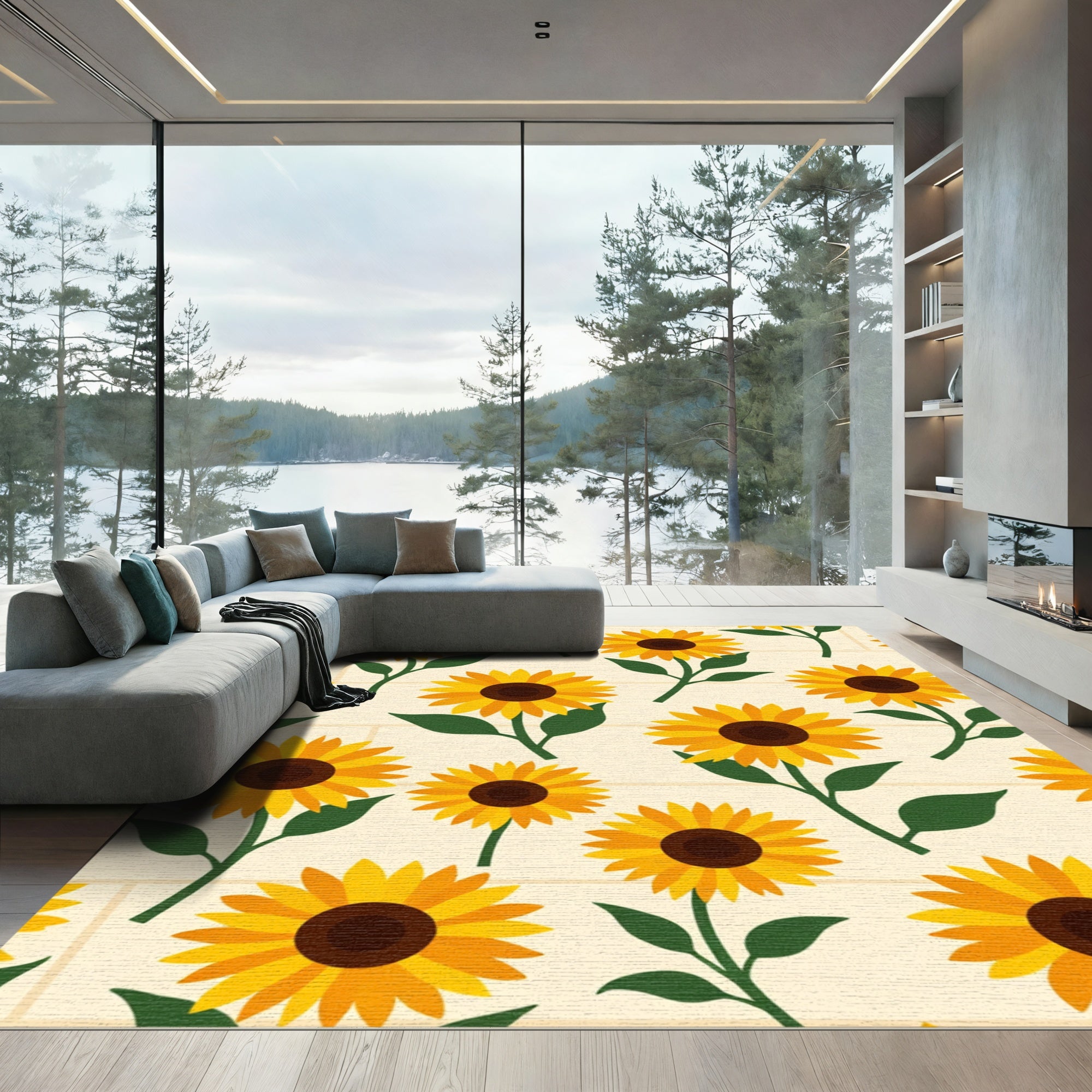 Sunny Yellow Sunflower Botanical Repeat Rug