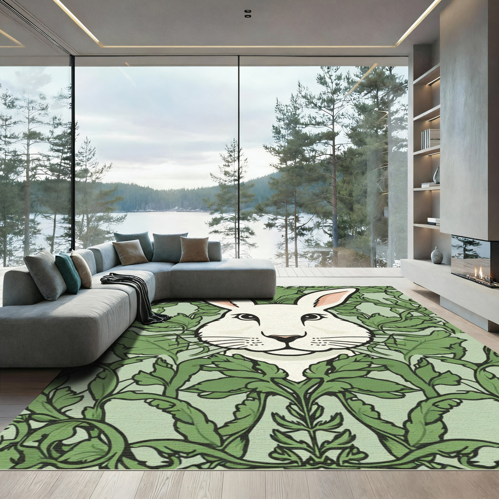 Green White Rabbit Floral Art Deco Rug