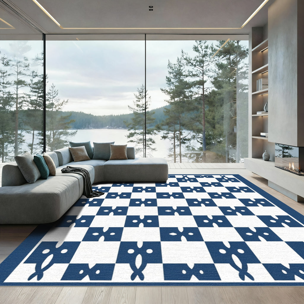 Classic Blue White Contemporary Checkerboard Rug