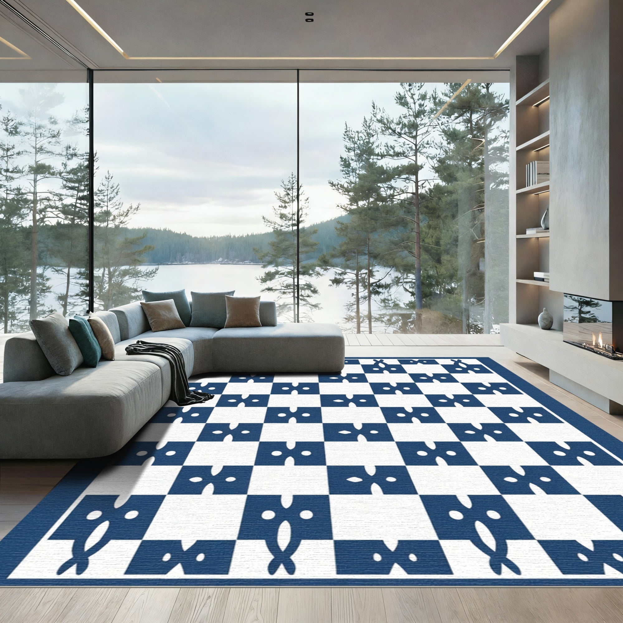 Classic Blue White Contemporary Checkerboard Rug
