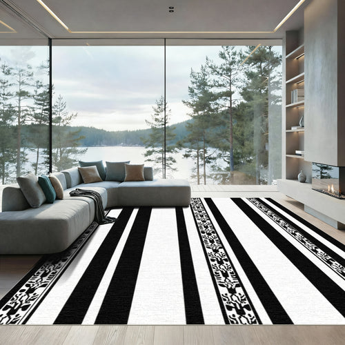 Black White Stripes Animal Border Rug