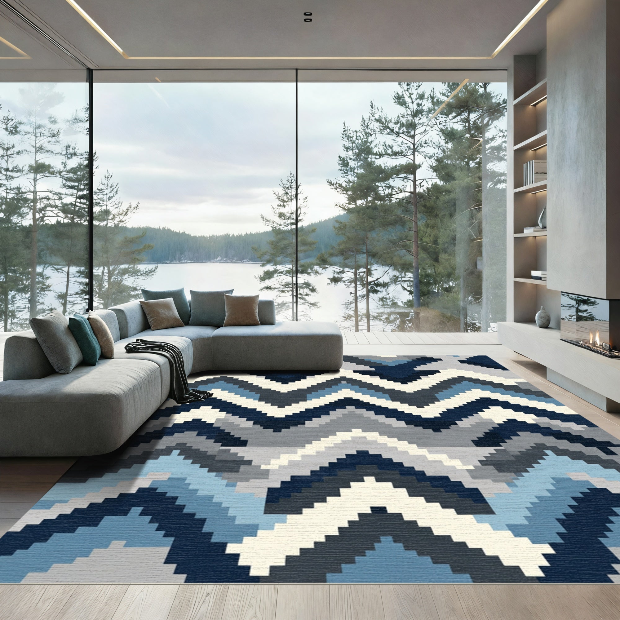 Contemporary Blue Gray Chevron Rug
