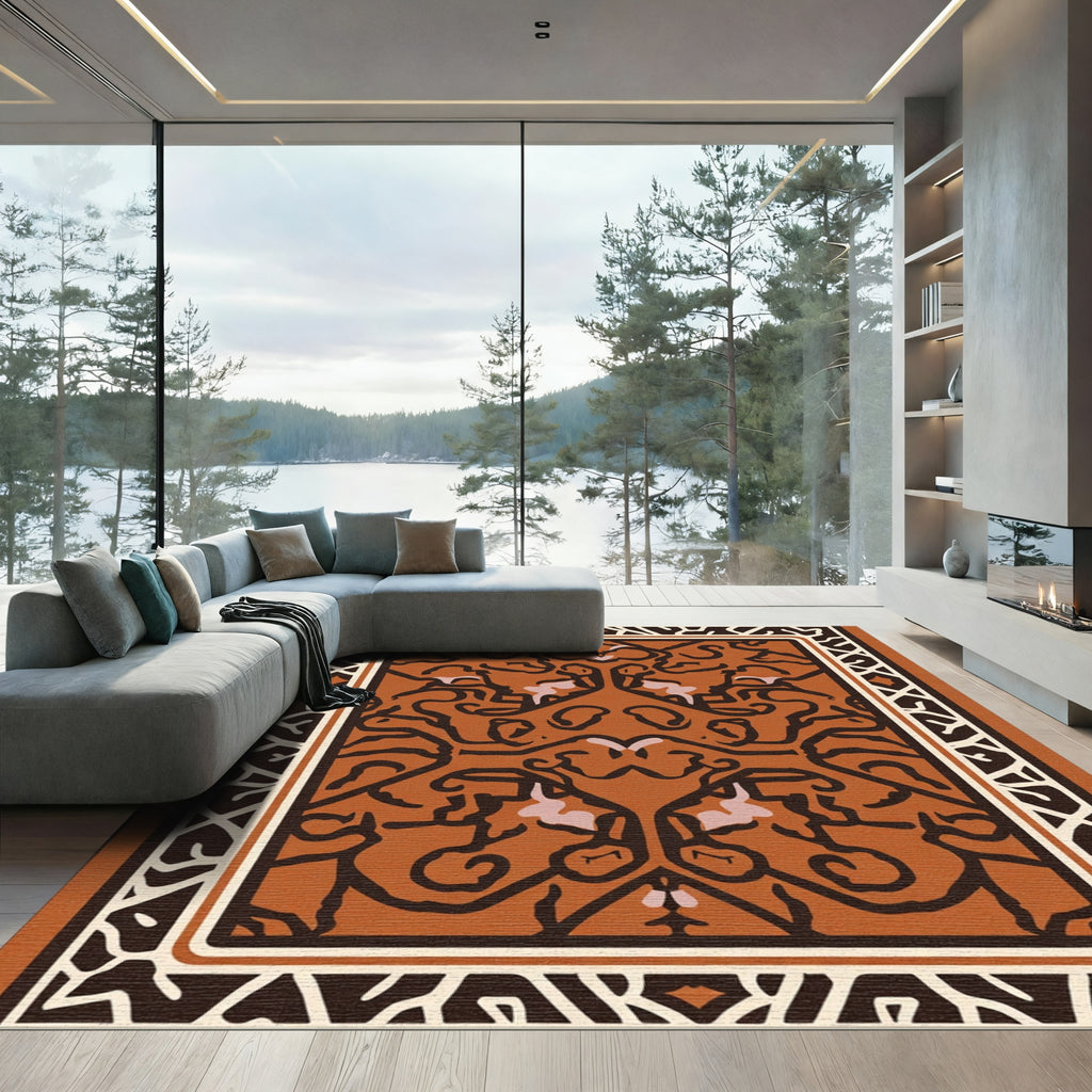 Ornate Burnt Orange Scroll Border Rug