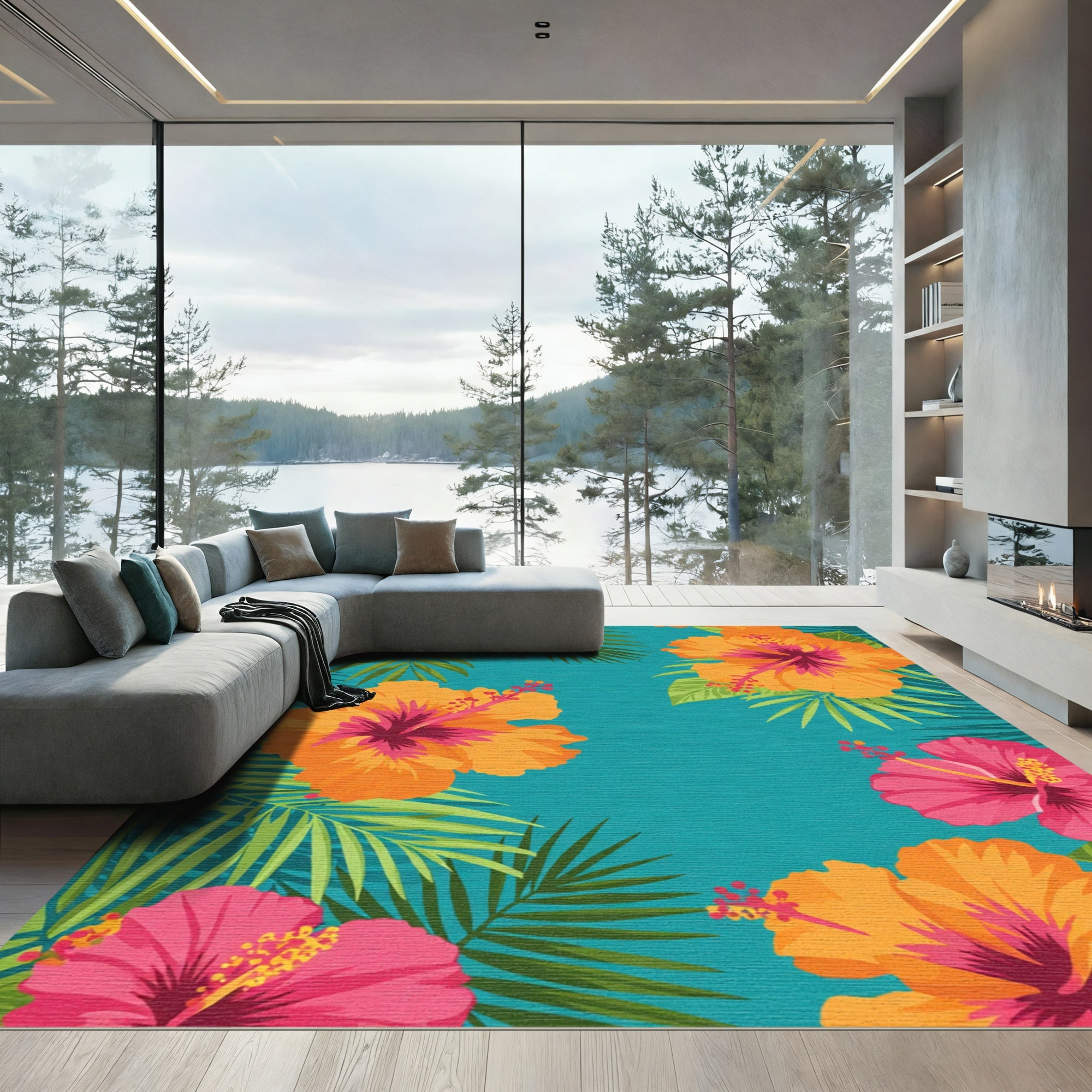 Vibrant Orange Pink Hibiscus Foliage Rug