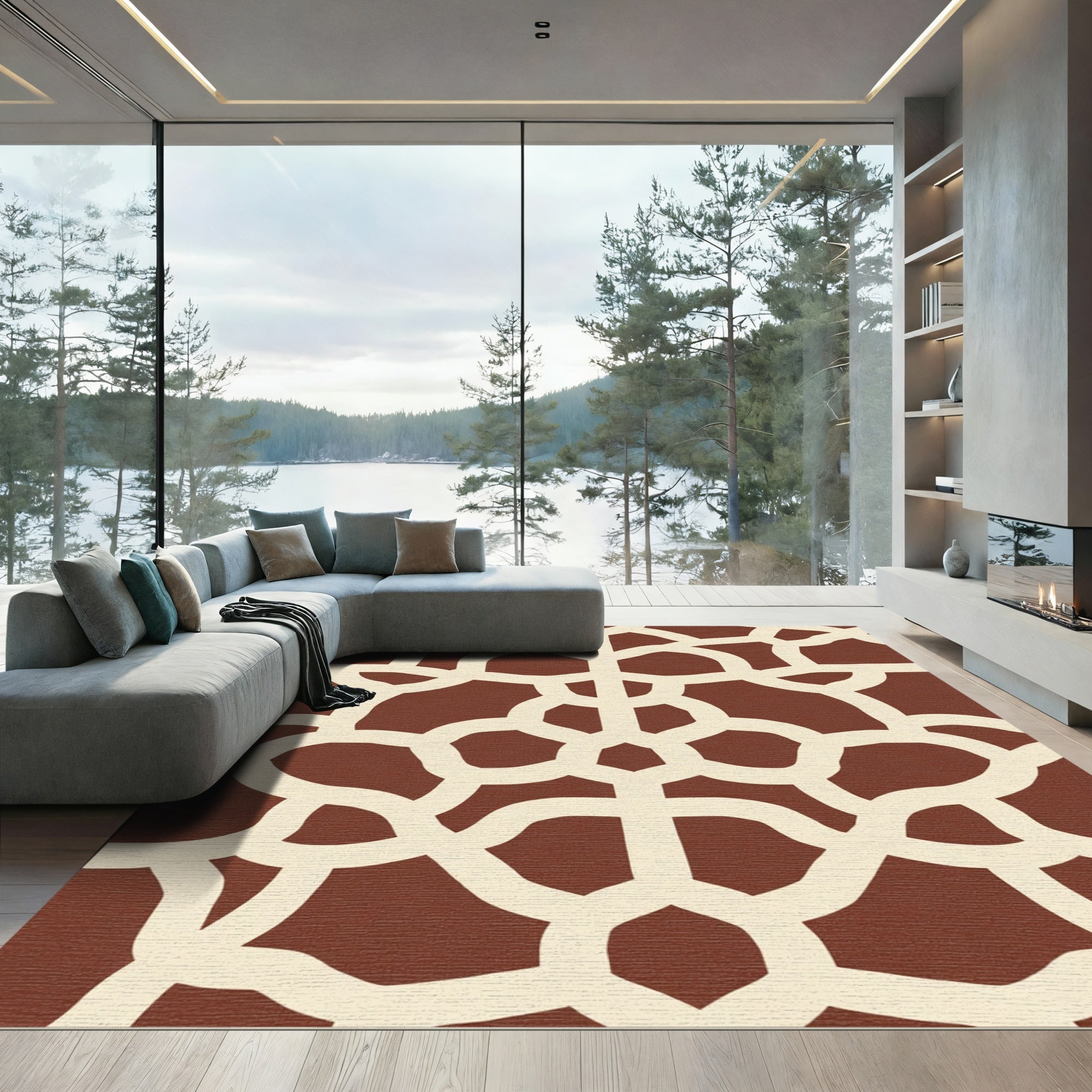 Rich Brown Interlocking Lattice Rug