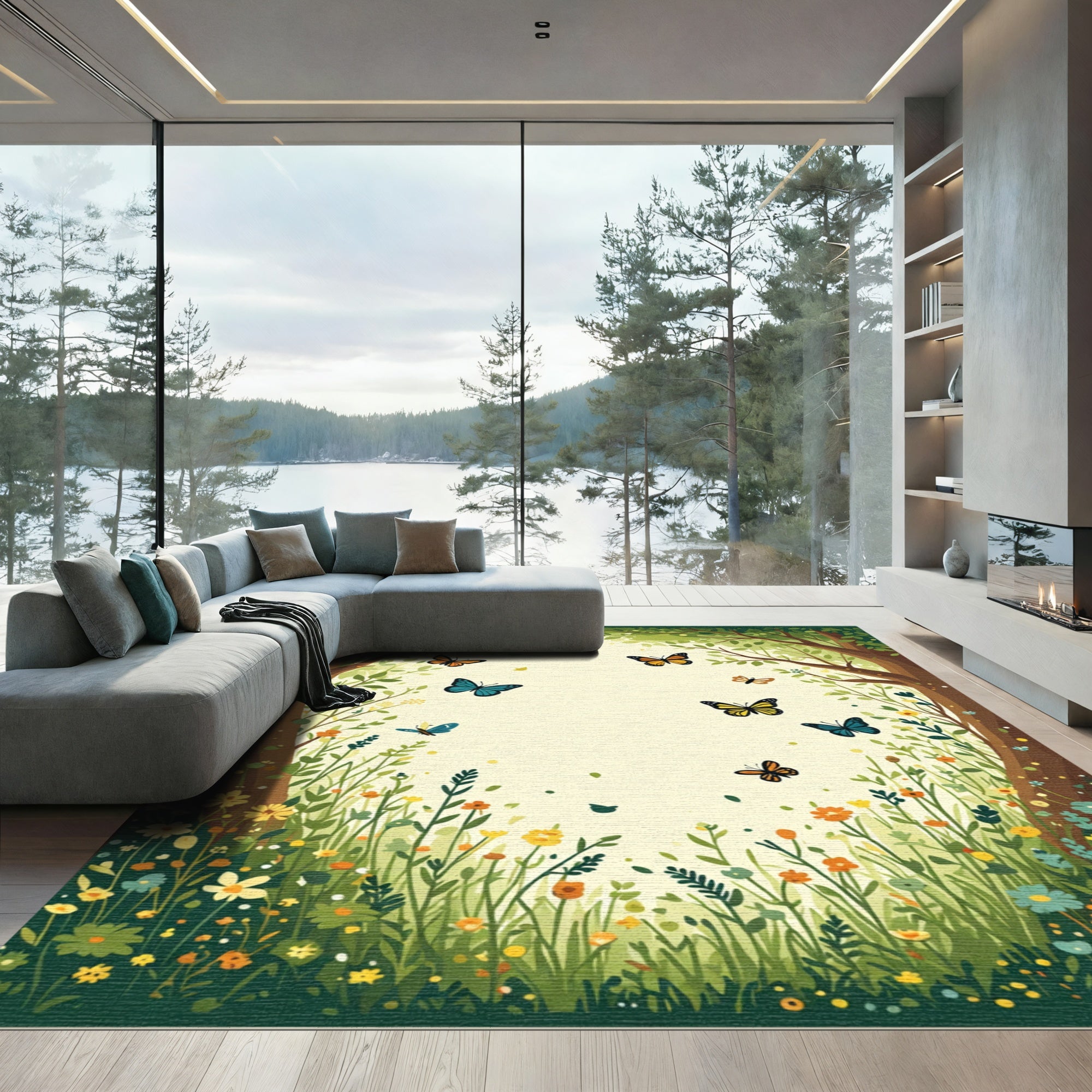 Whimsical Orange Butterfly Garden Scene Rug