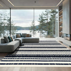 Cream and Navy Striped Checkerboard Rug