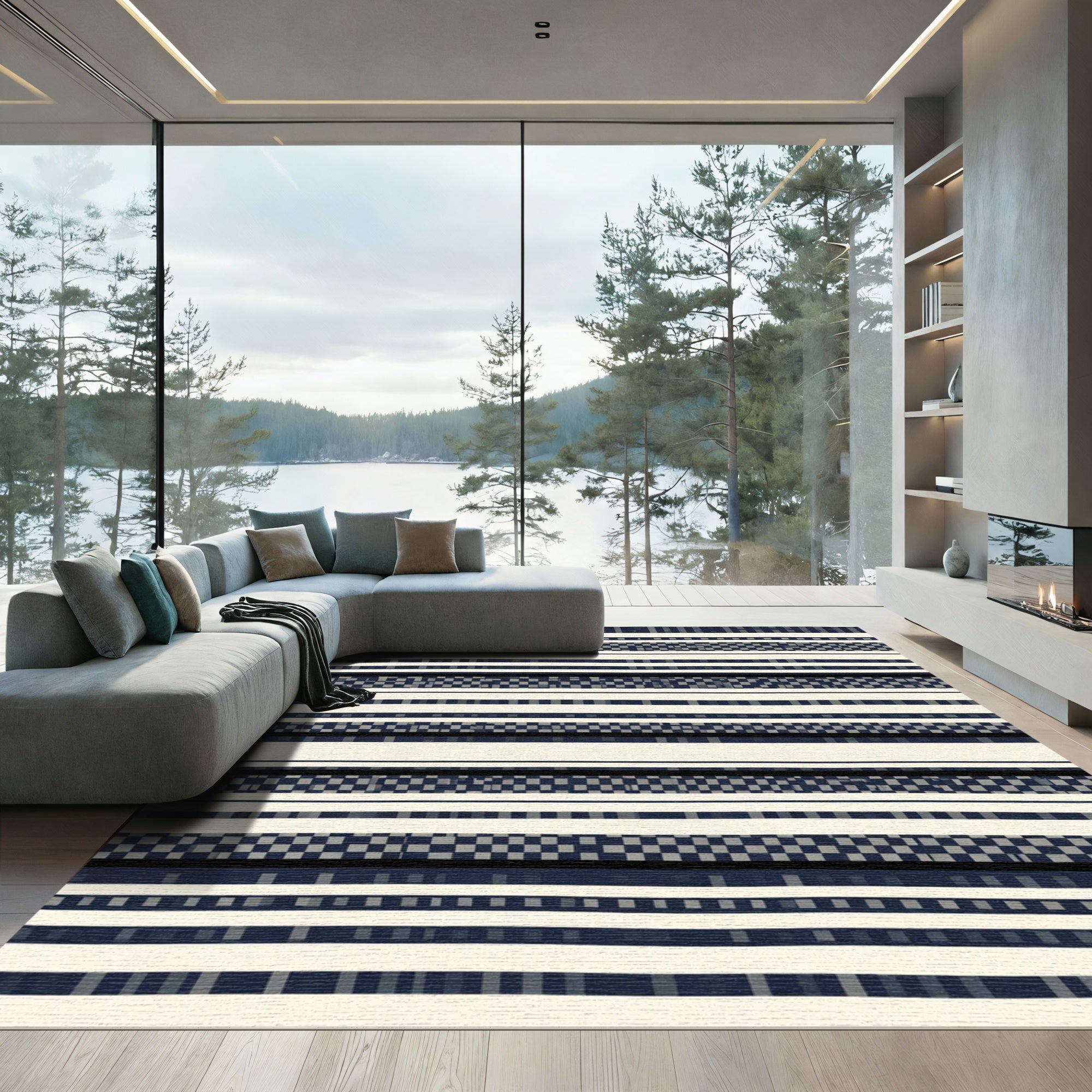 Cream and Navy Striped Checkerboard Rug