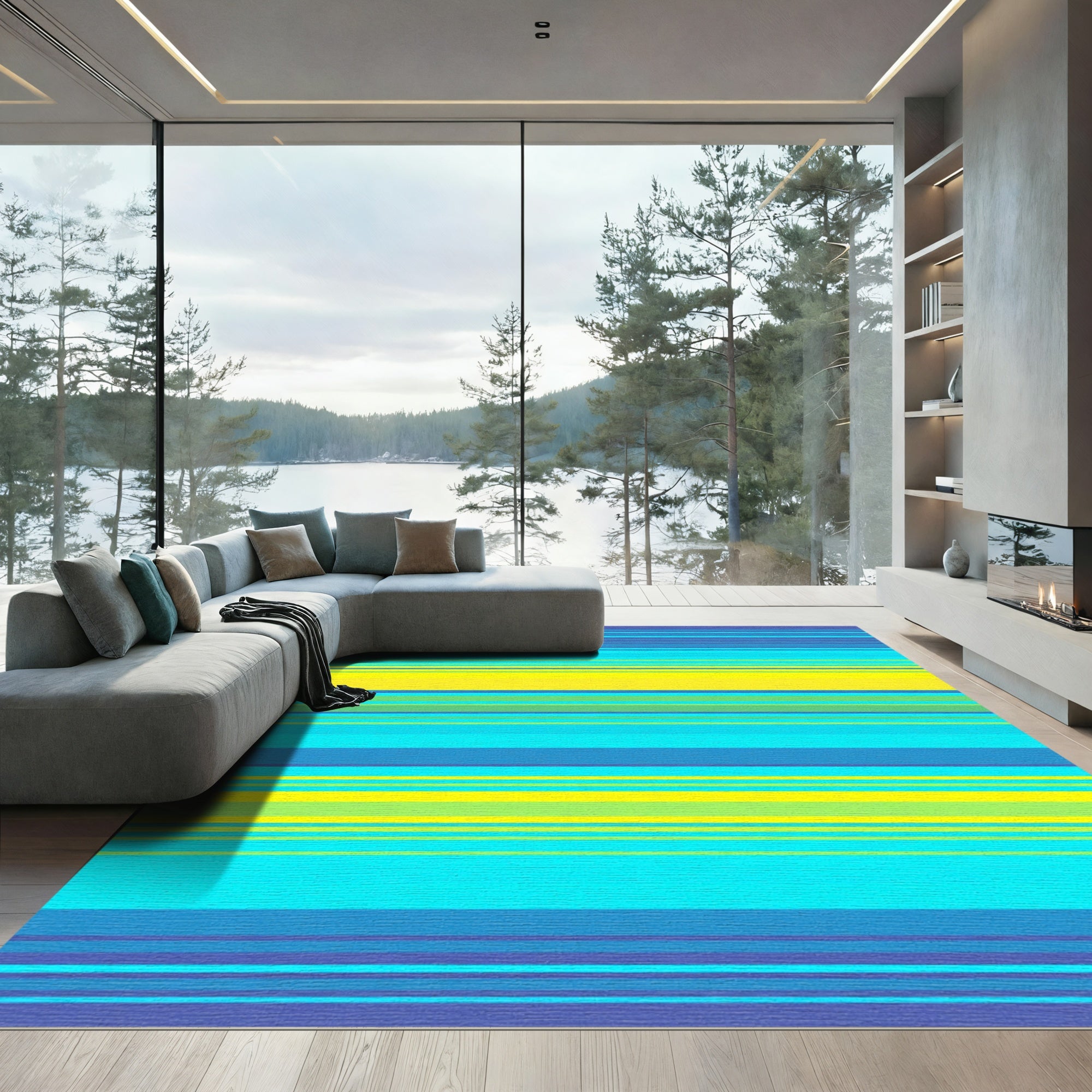 Coastal Stripe Aqua Yellow Blue Rug