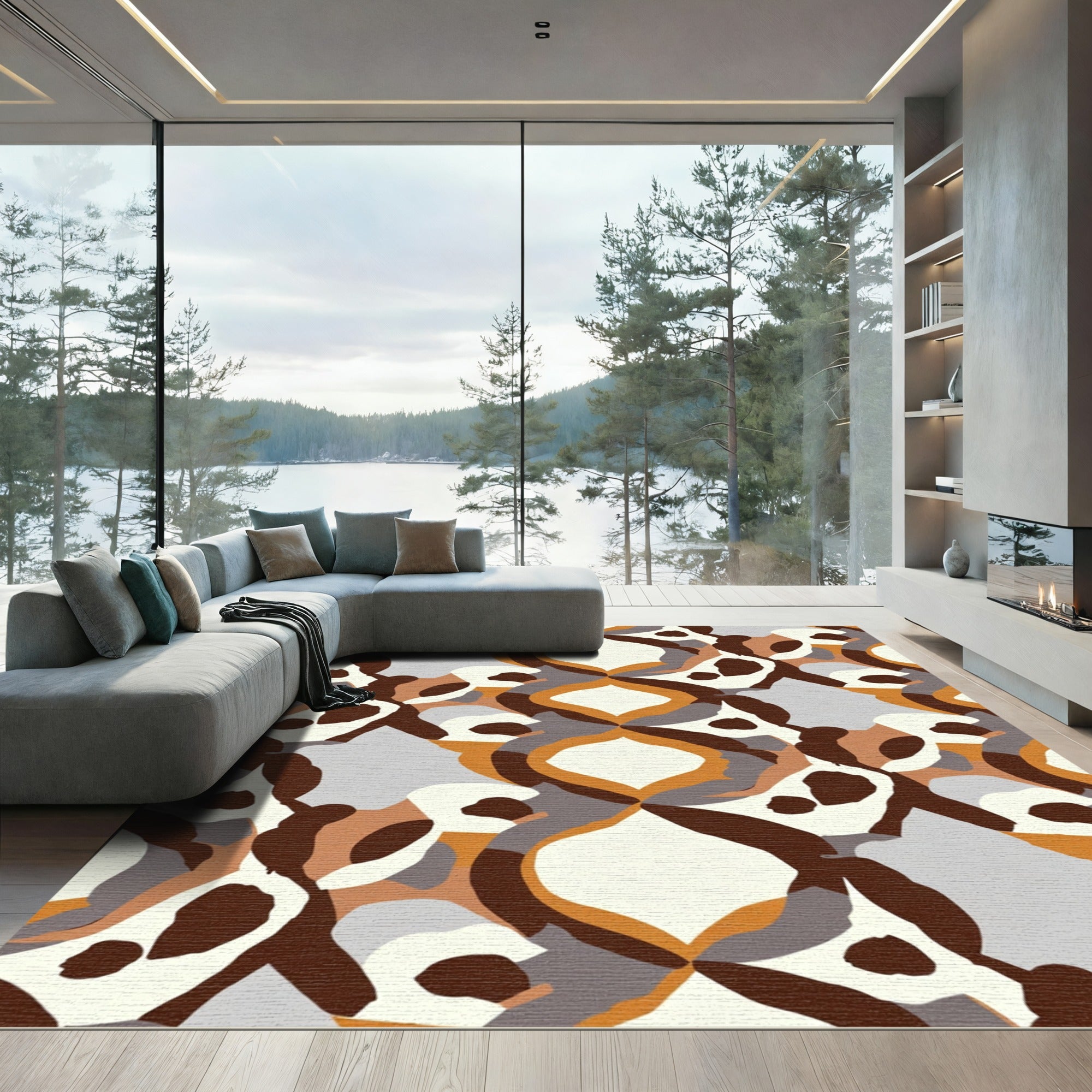 Modern Abstract Cream Brown Geometric Rug
