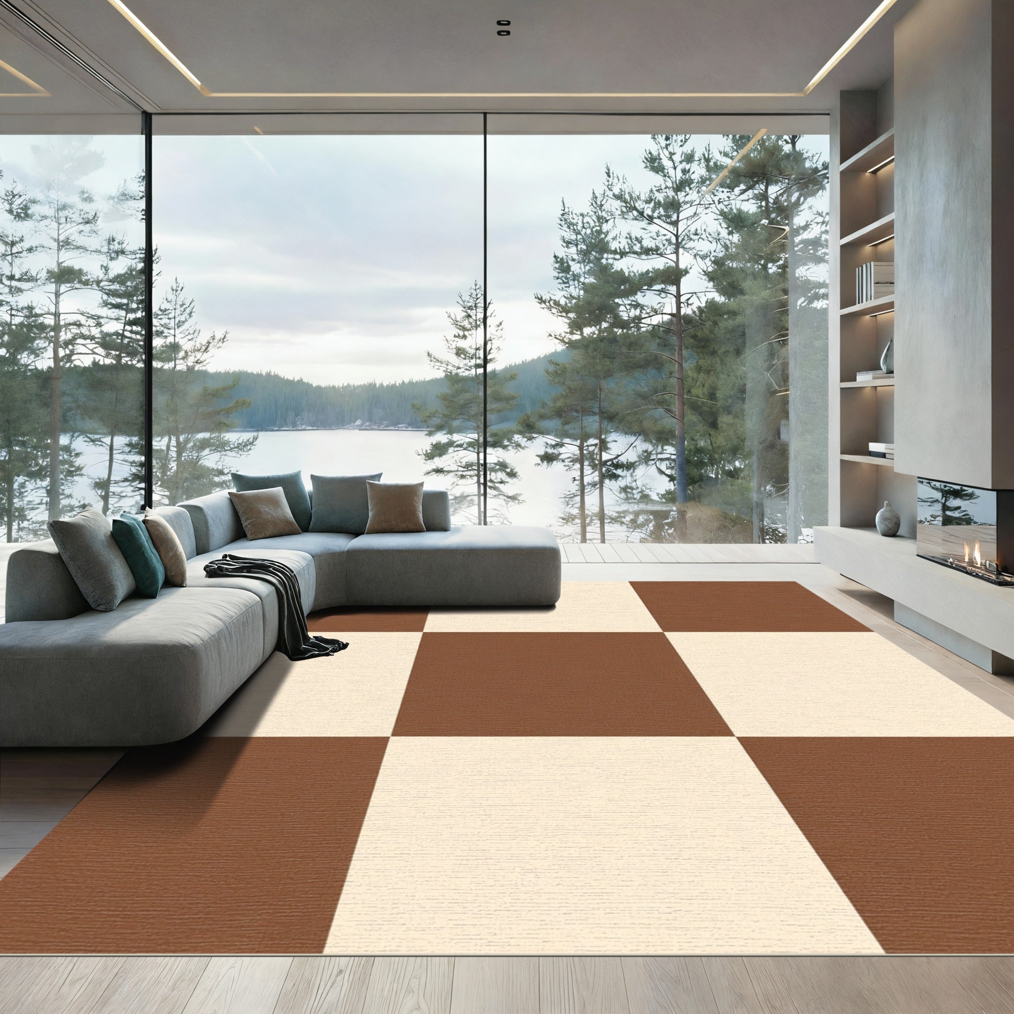 Brown Cream Checkerboard Squares Rug