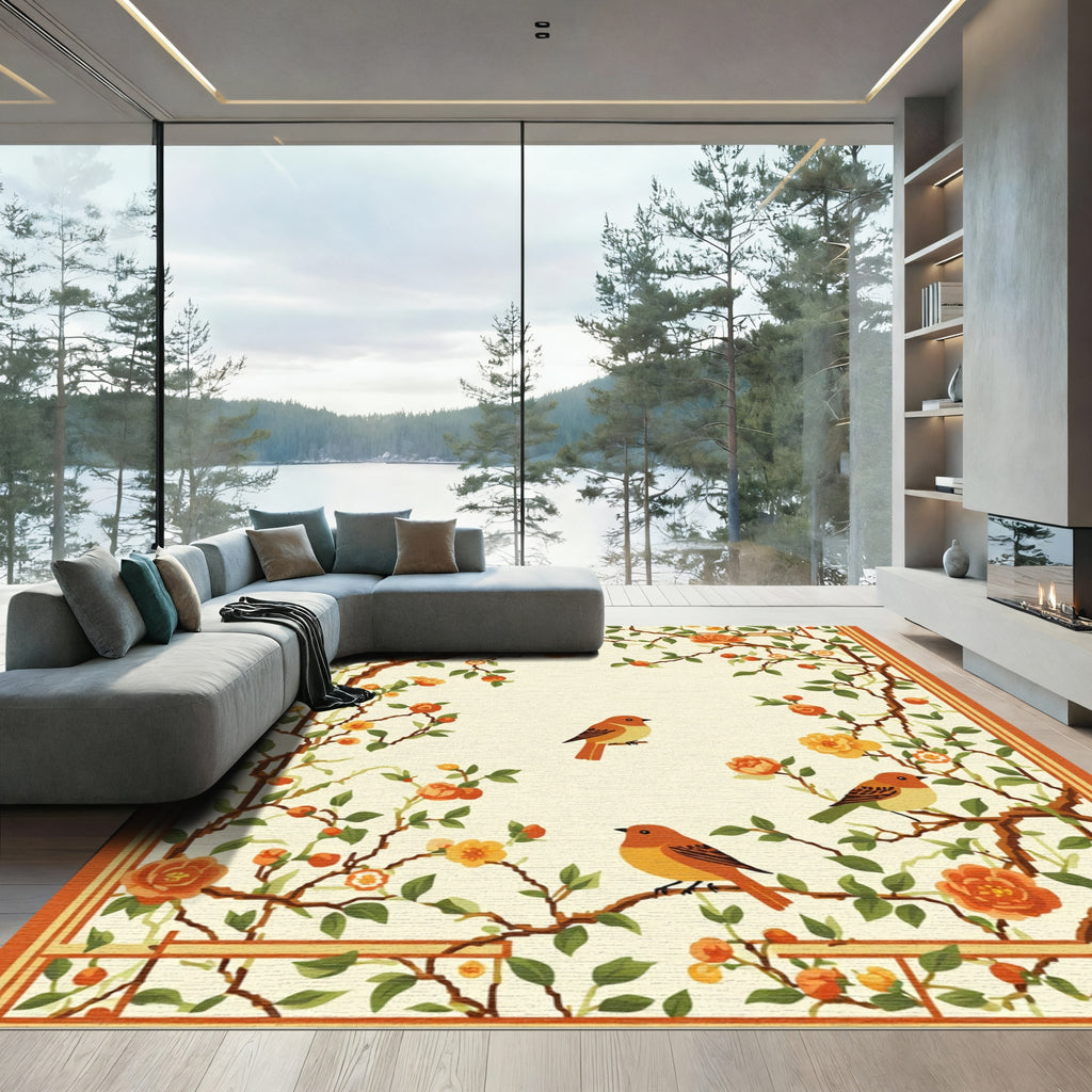 Muted Orange Birds Lush Garden Vines Rug