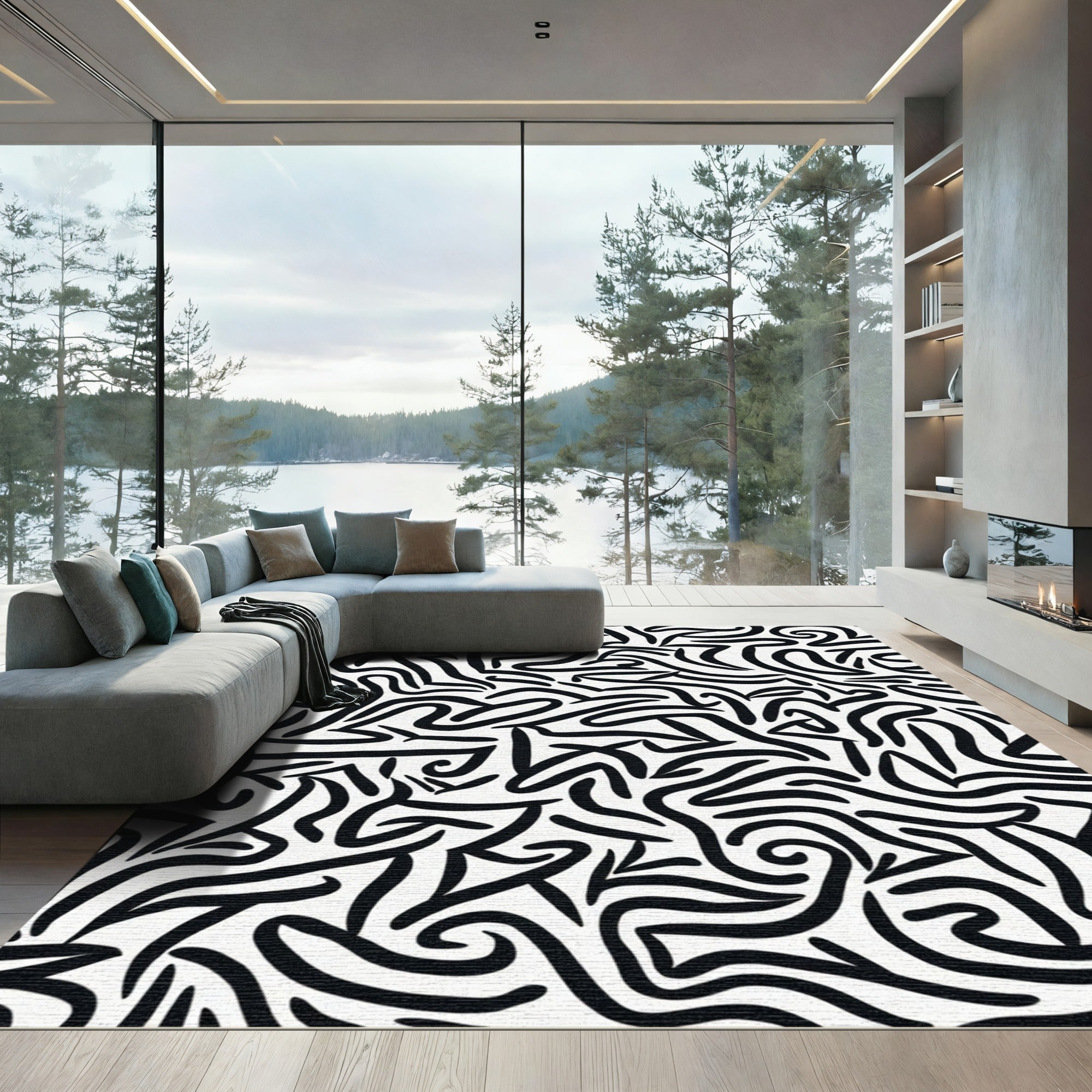 Black White Abstract Brushstroke Swirl Rug