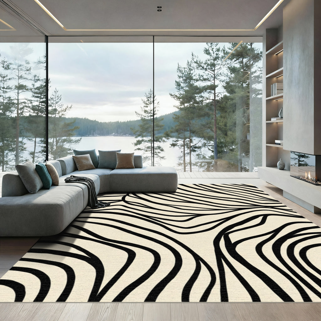 Cream Black Organic Stripe Waves Rug