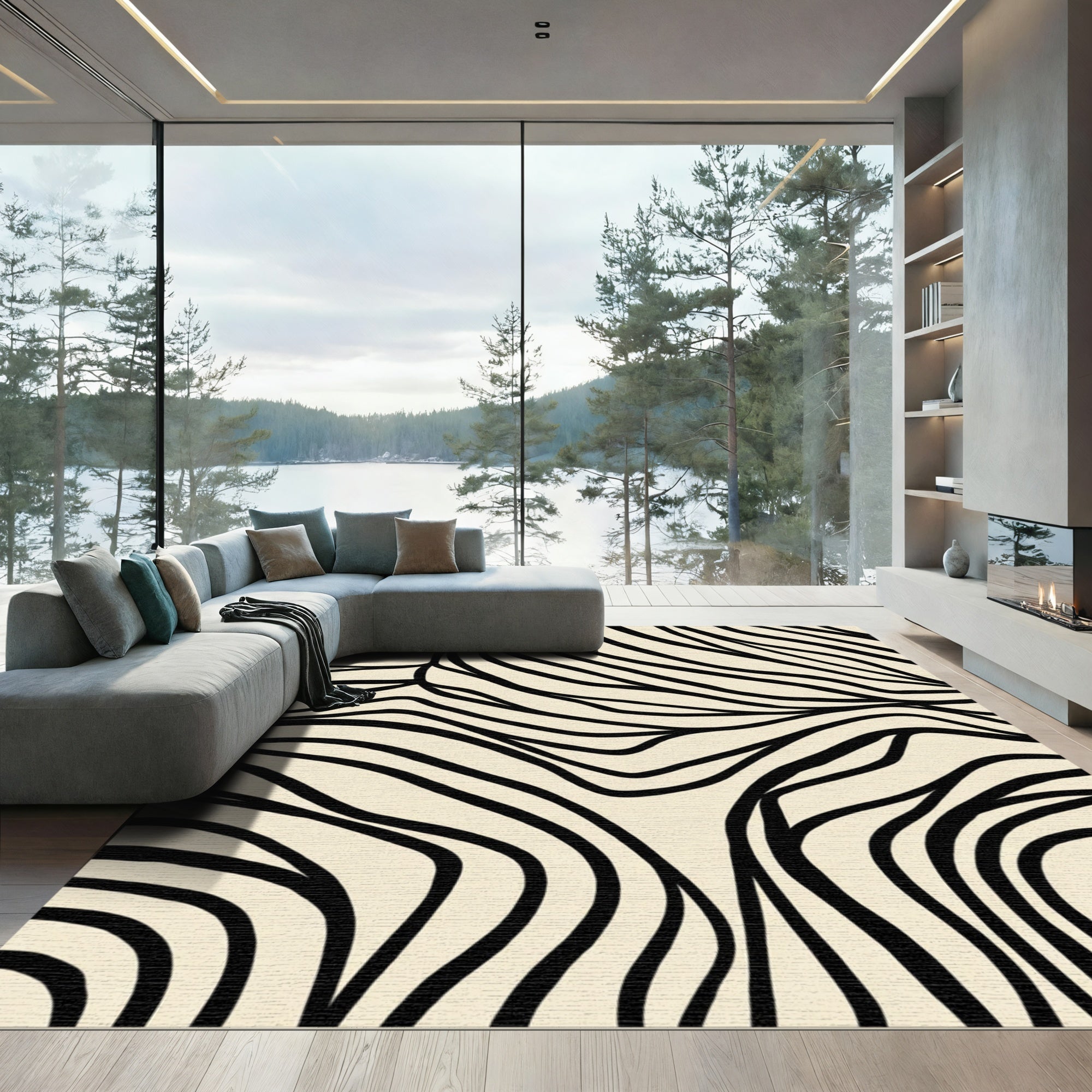 Cream Black Organic Stripe Waves Rug