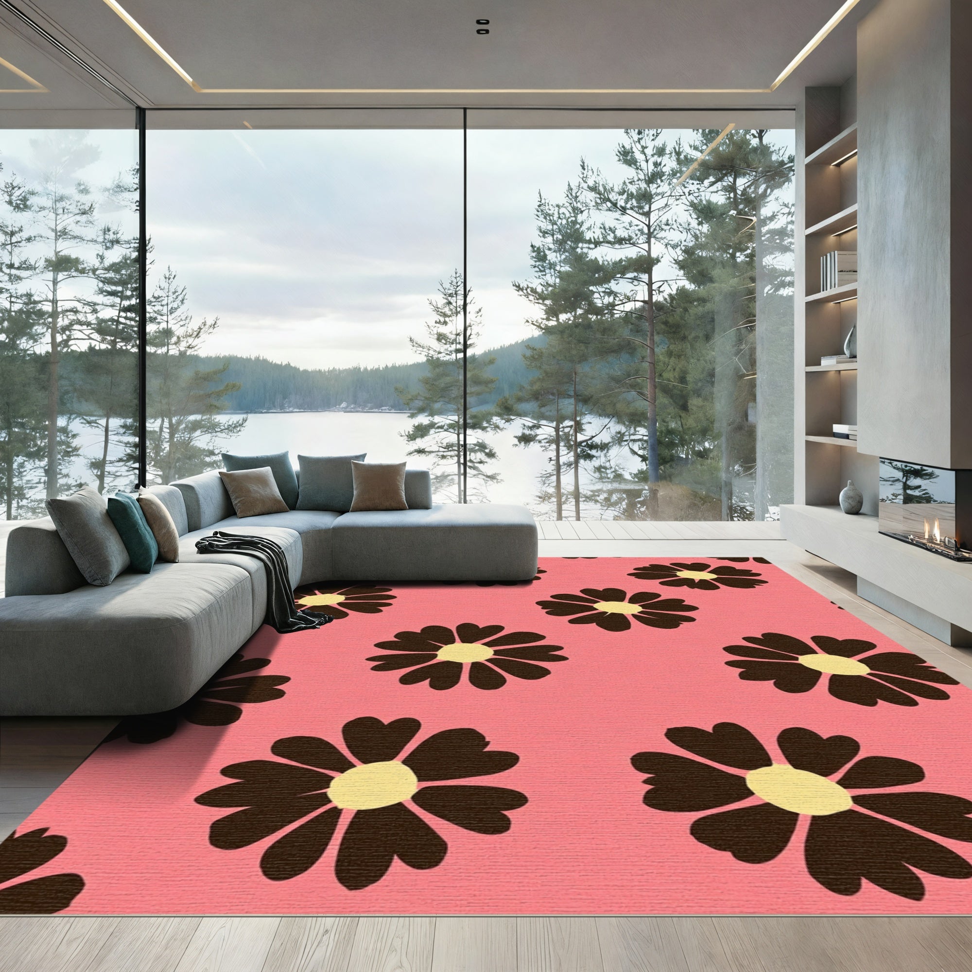 Pink Dark Floral Daisy Garland Rug