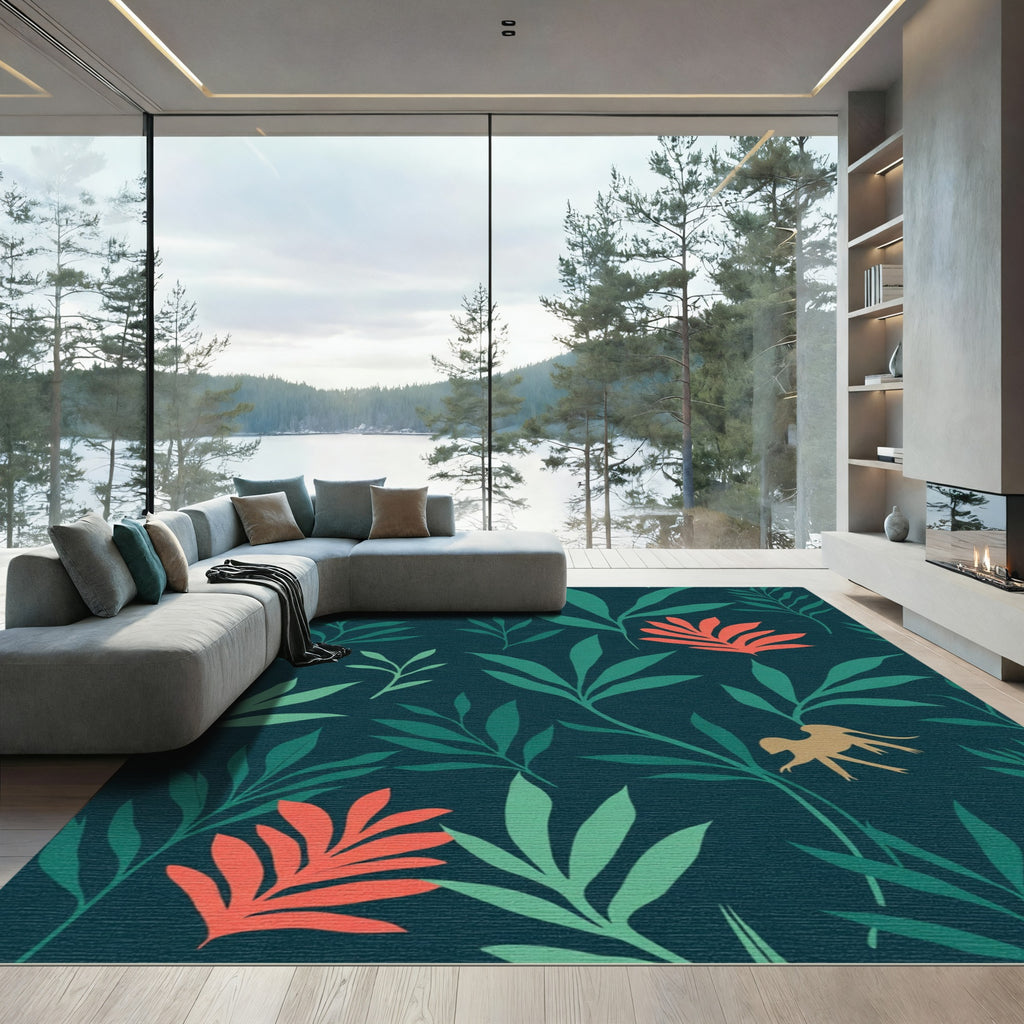 Gold Monkeys Coral Leaves Tropical Jungle Rug