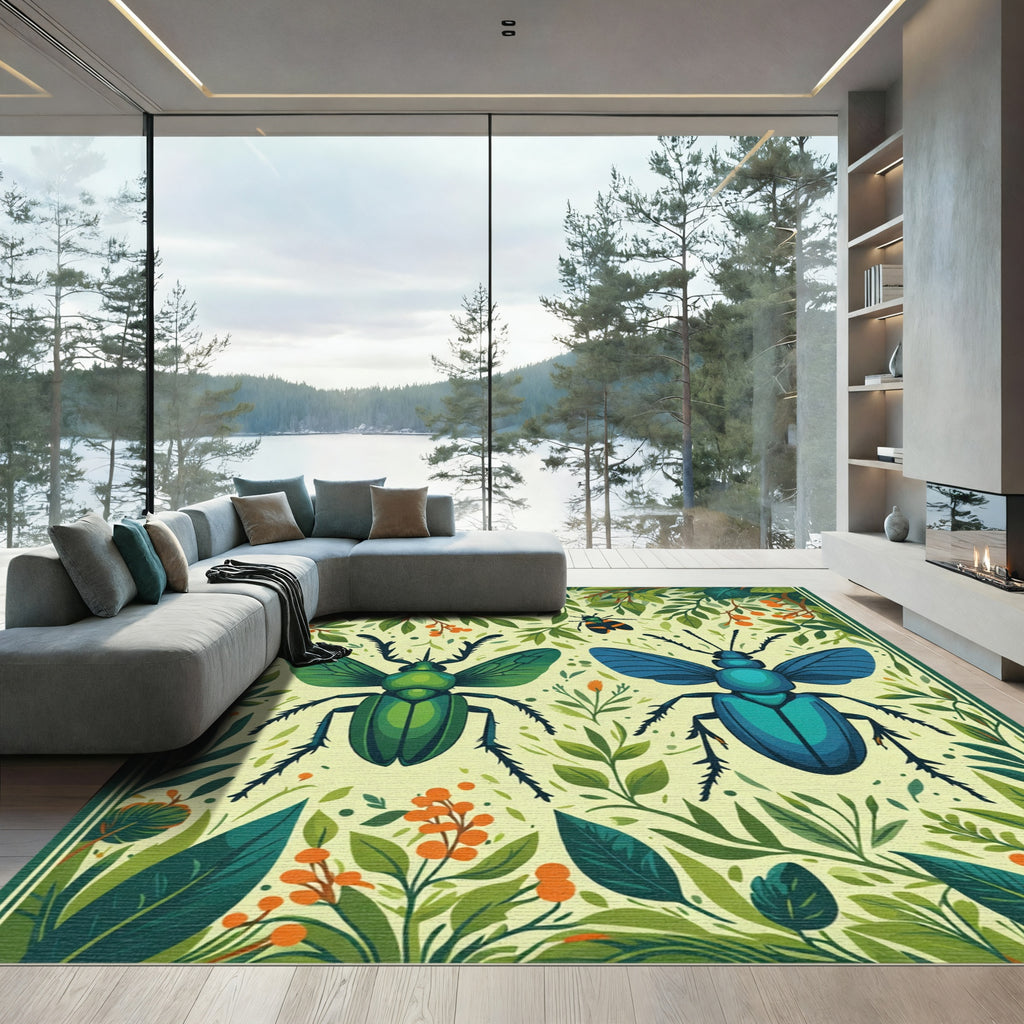 Vibrant Emerald Teal Beetles Botanical Garden Rug