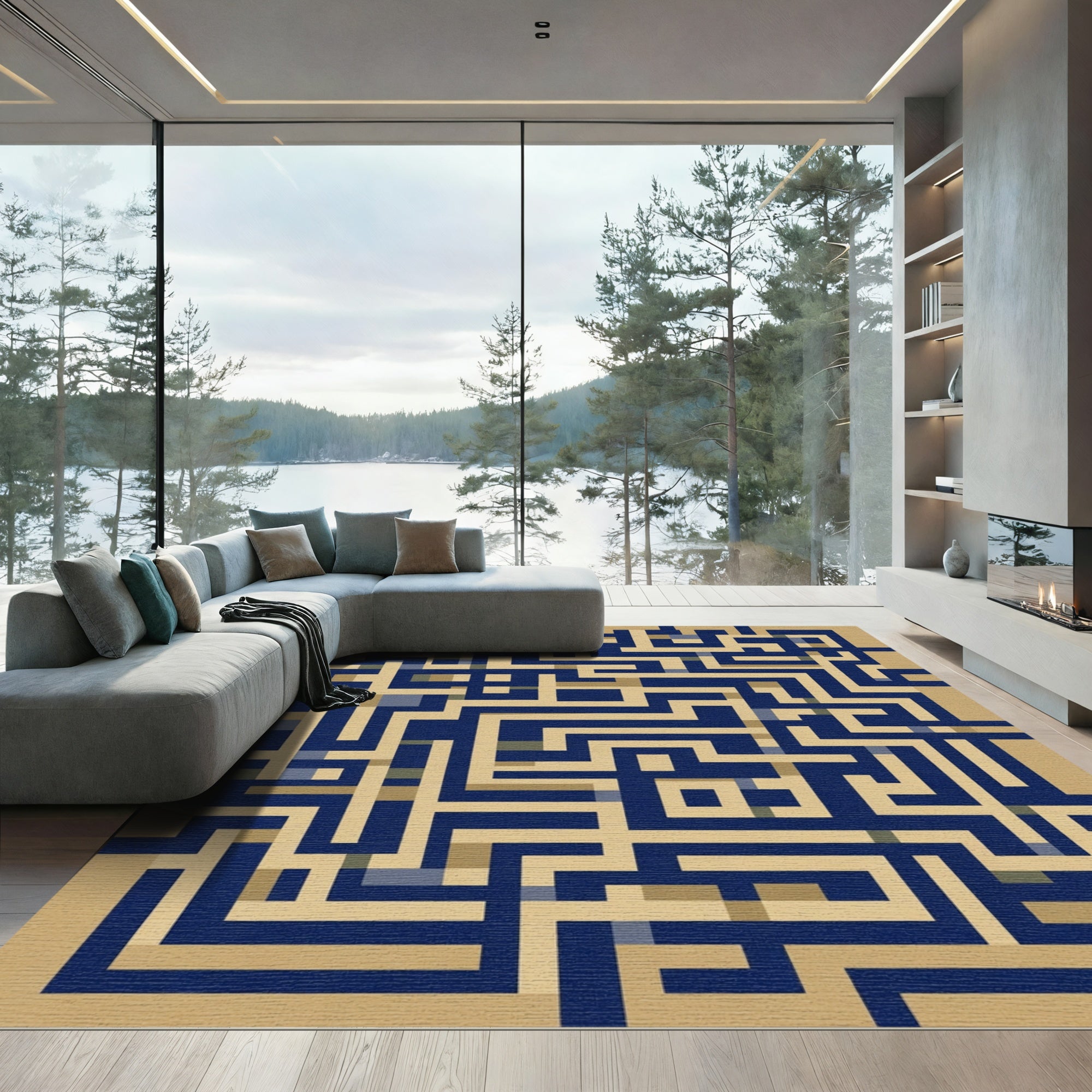 Navy Tan Geometric Maze Rug