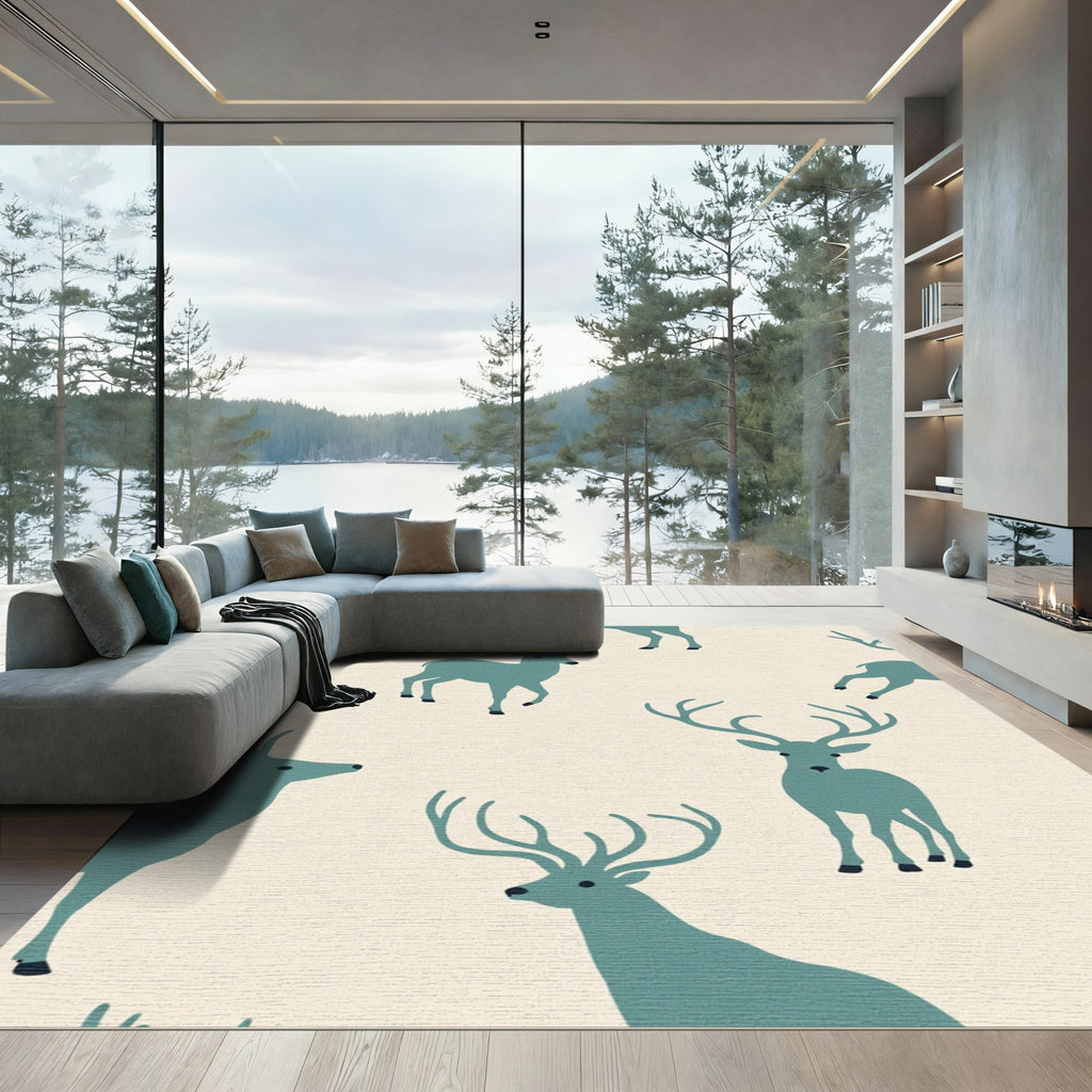 Teal Deer Silhouette Cream Background Rug
