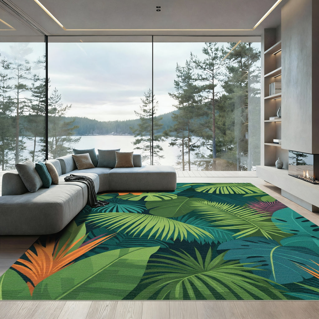 Tropical Jungle Green Orange Floral Foliage Rug