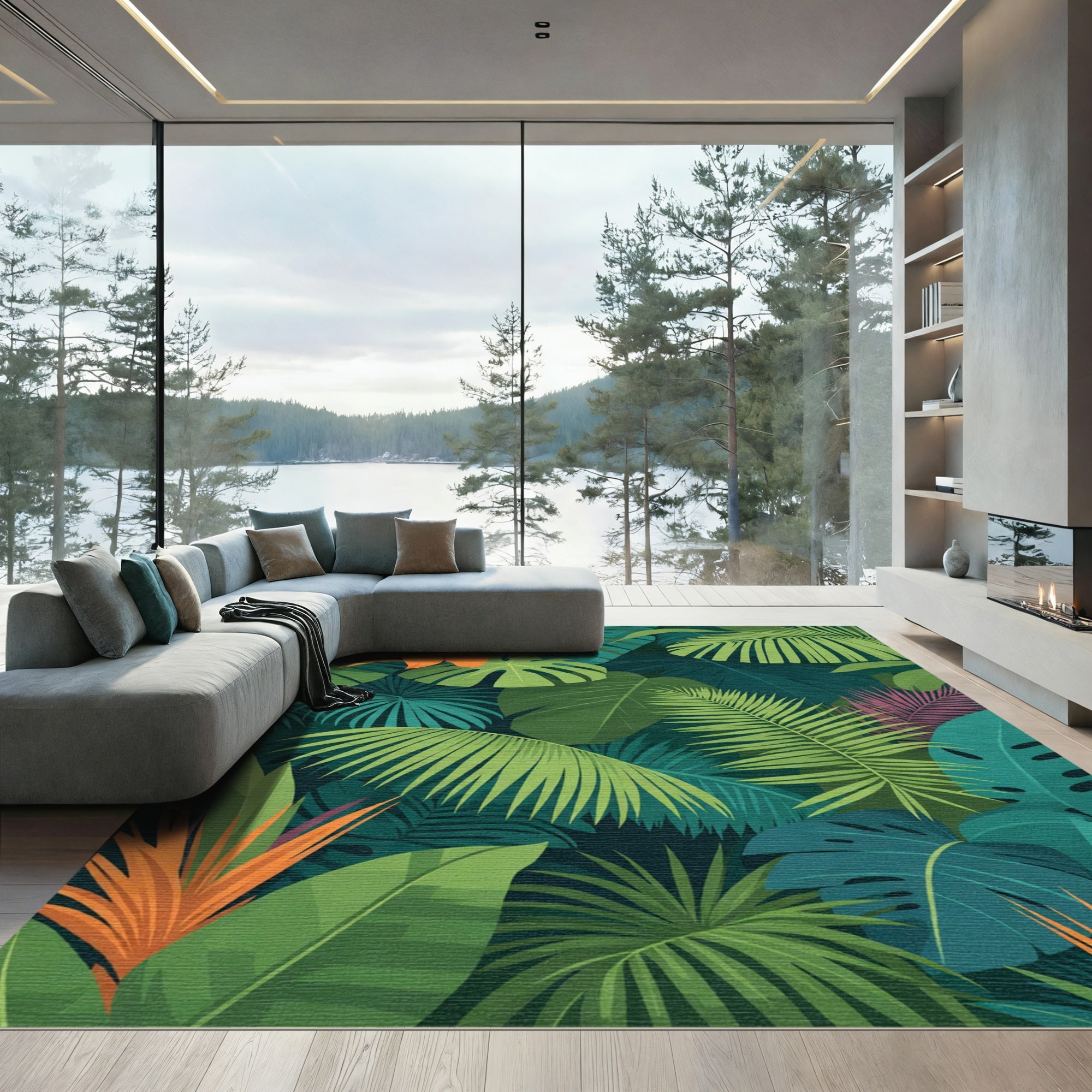 Tropical Jungle Green Orange Floral Foliage Rug