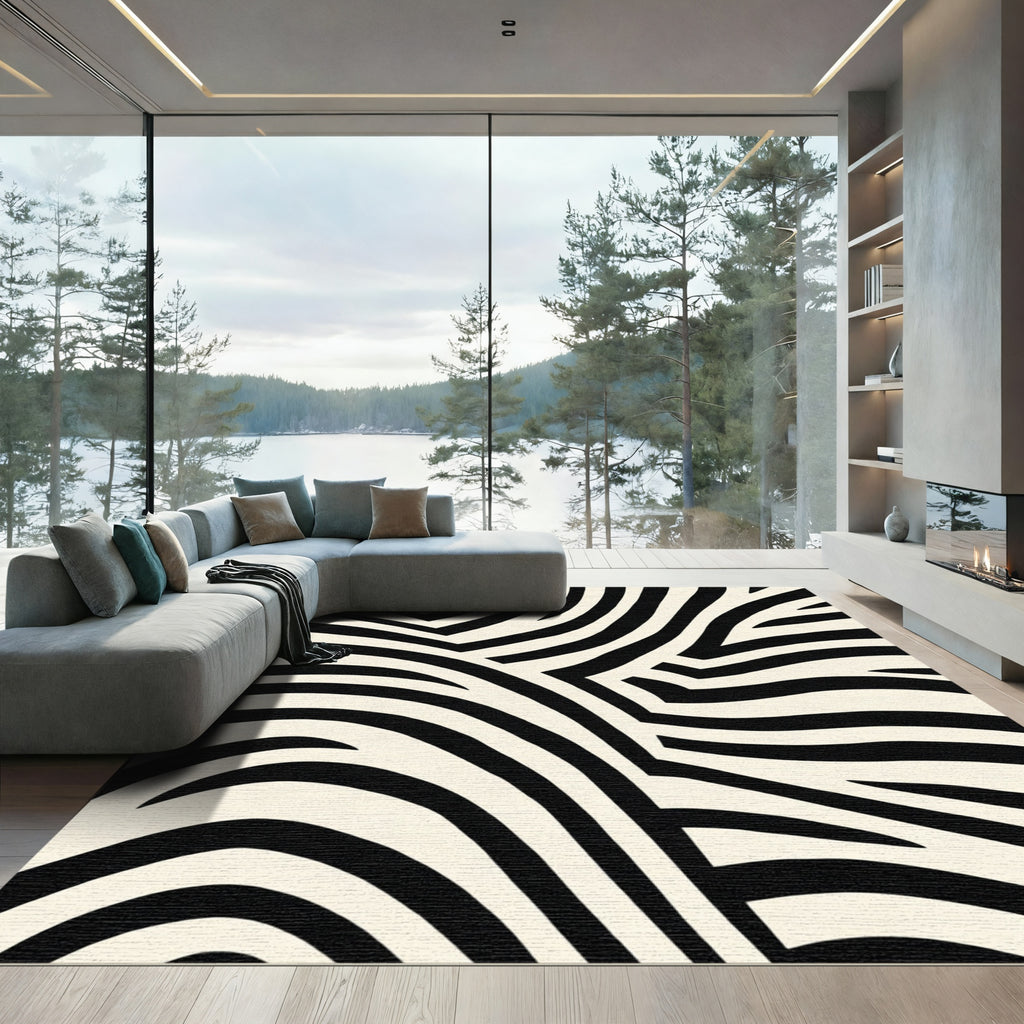 Bold Black Cream Abstract Stripes Rug