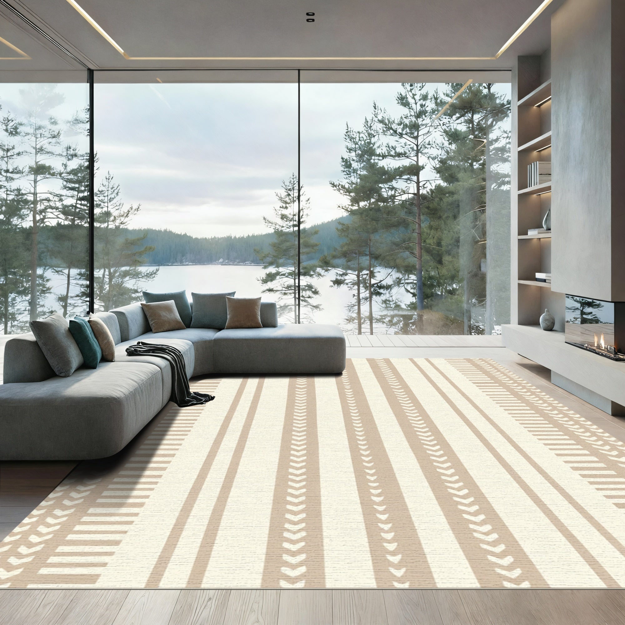 Neutral Boho Stripe Geometric Accents Rug