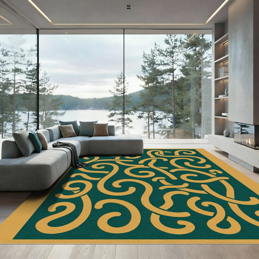 Dark Teal Gold Swirls Intertwined Rug