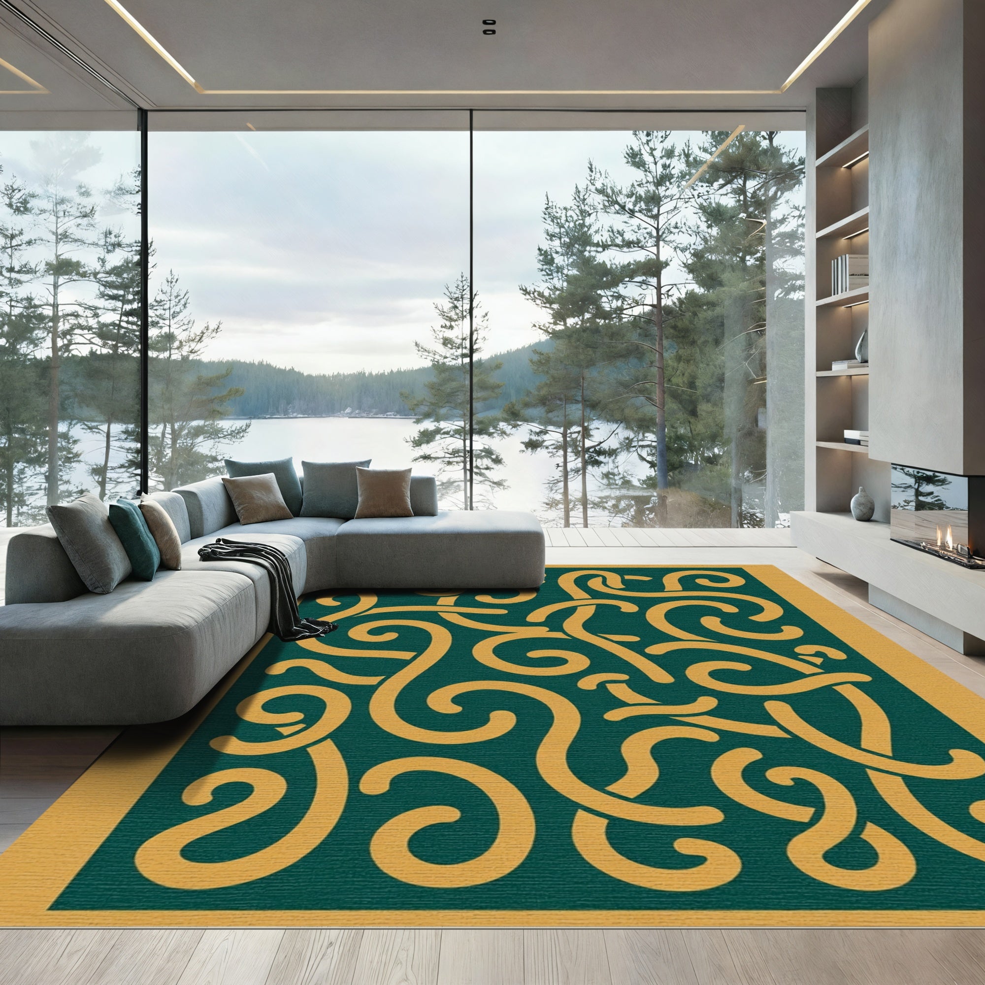 Dark Teal Gold Swirls Intertwined Rug