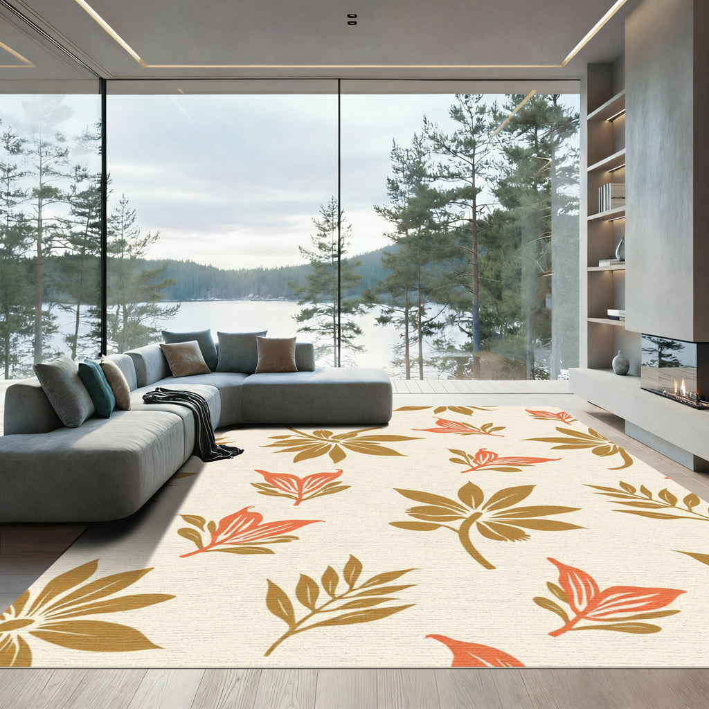 Golden Leaf and Coral Bloom Arrangement Rug