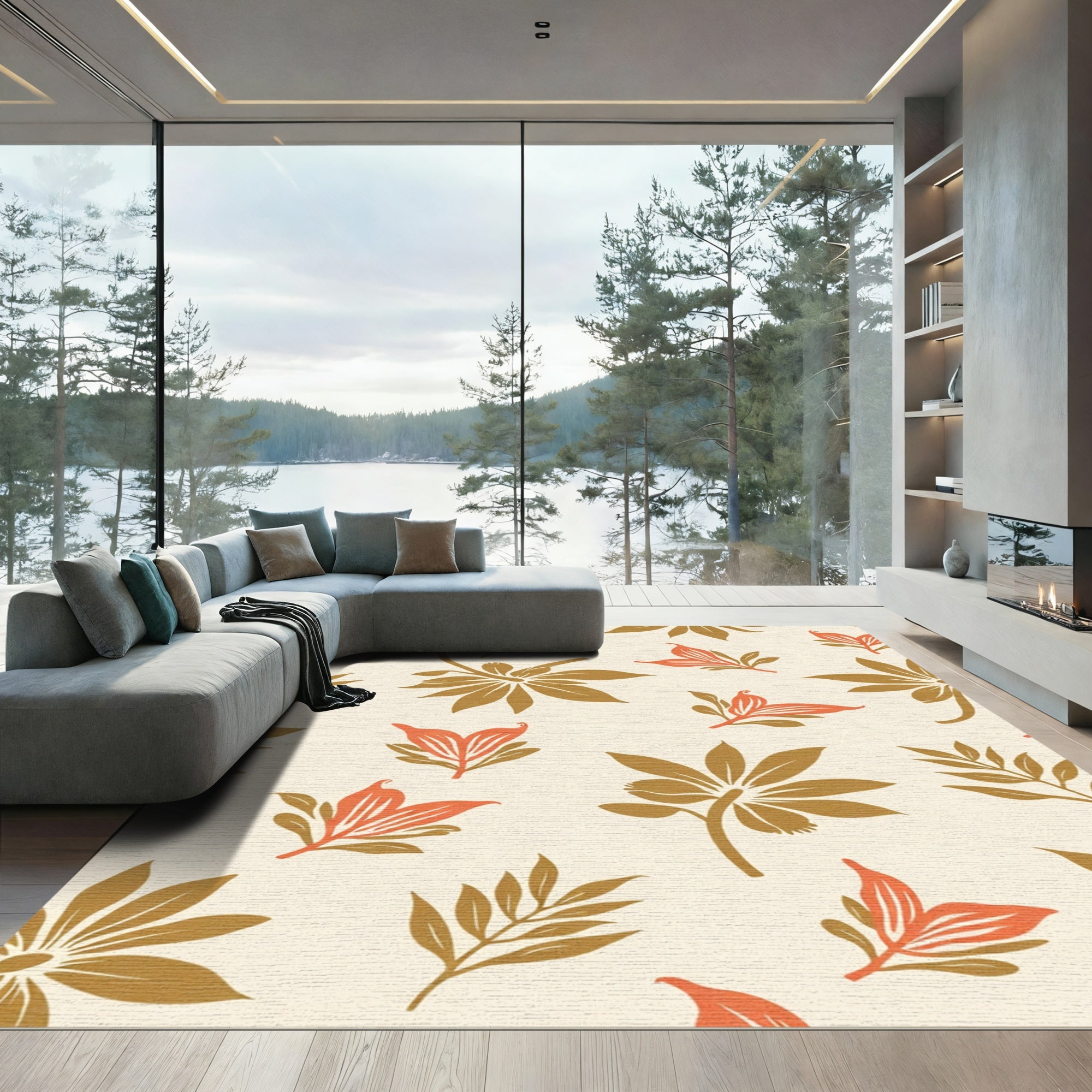 Golden Leaf and Coral Bloom Arrangement Rug