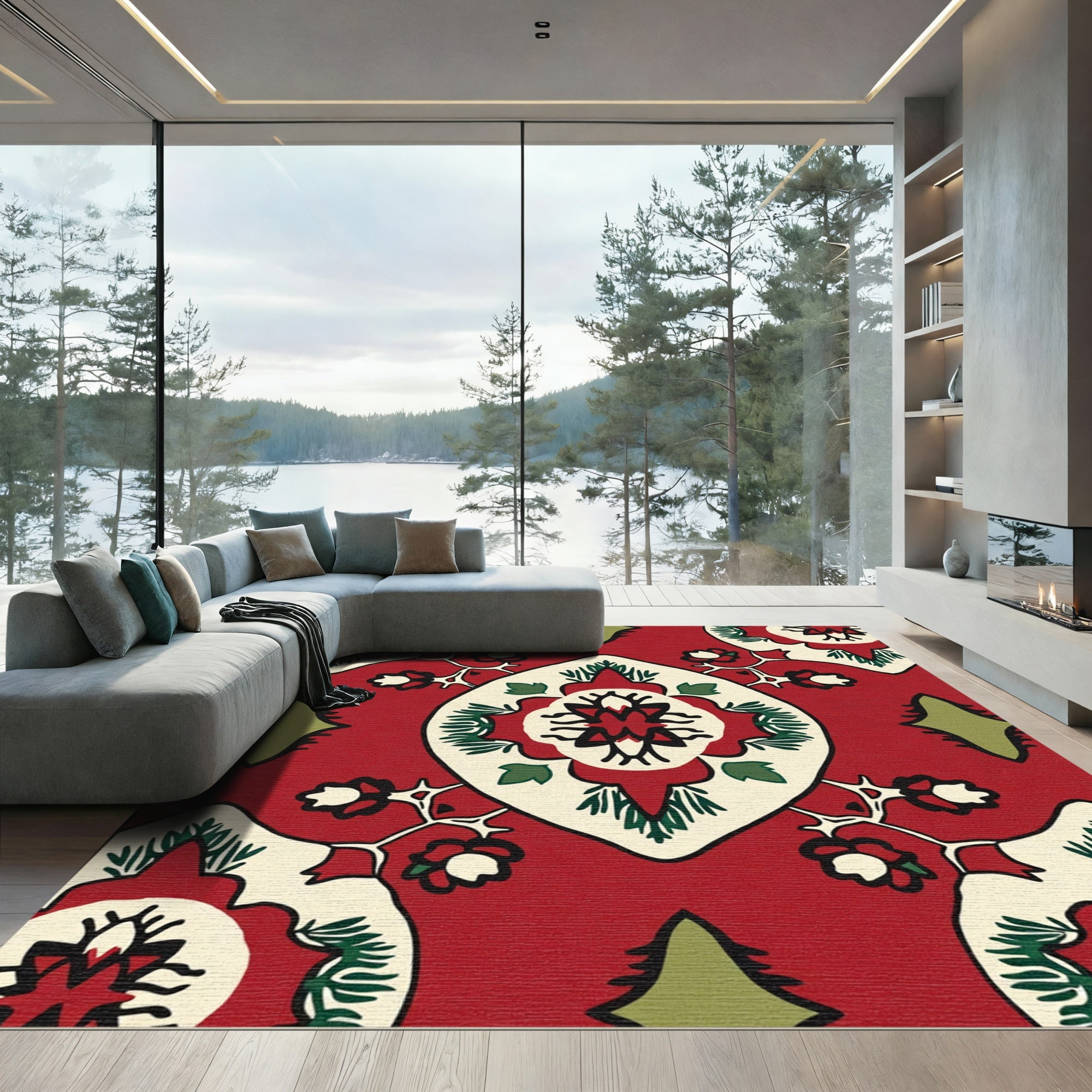 Crimson Red Floral Medallion Rug
