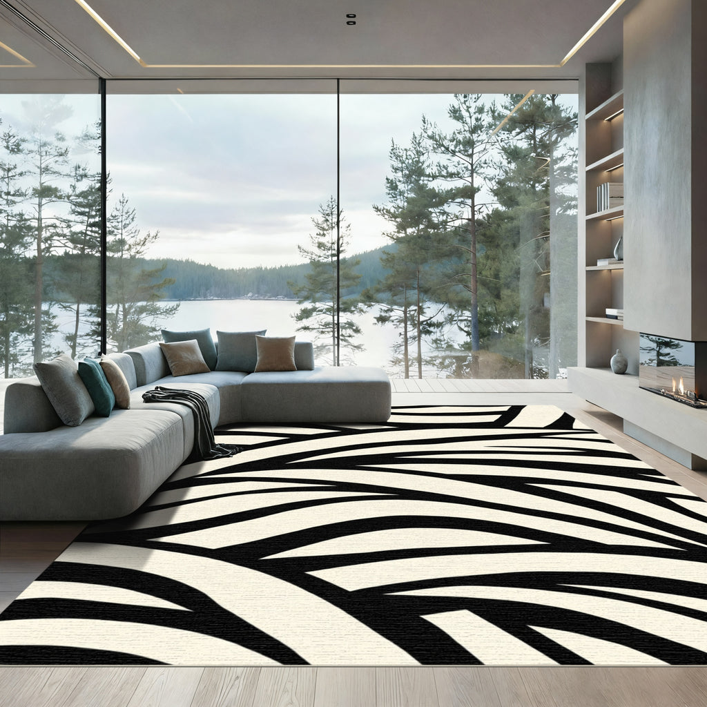 Cream Black Wavy Stripes Rug