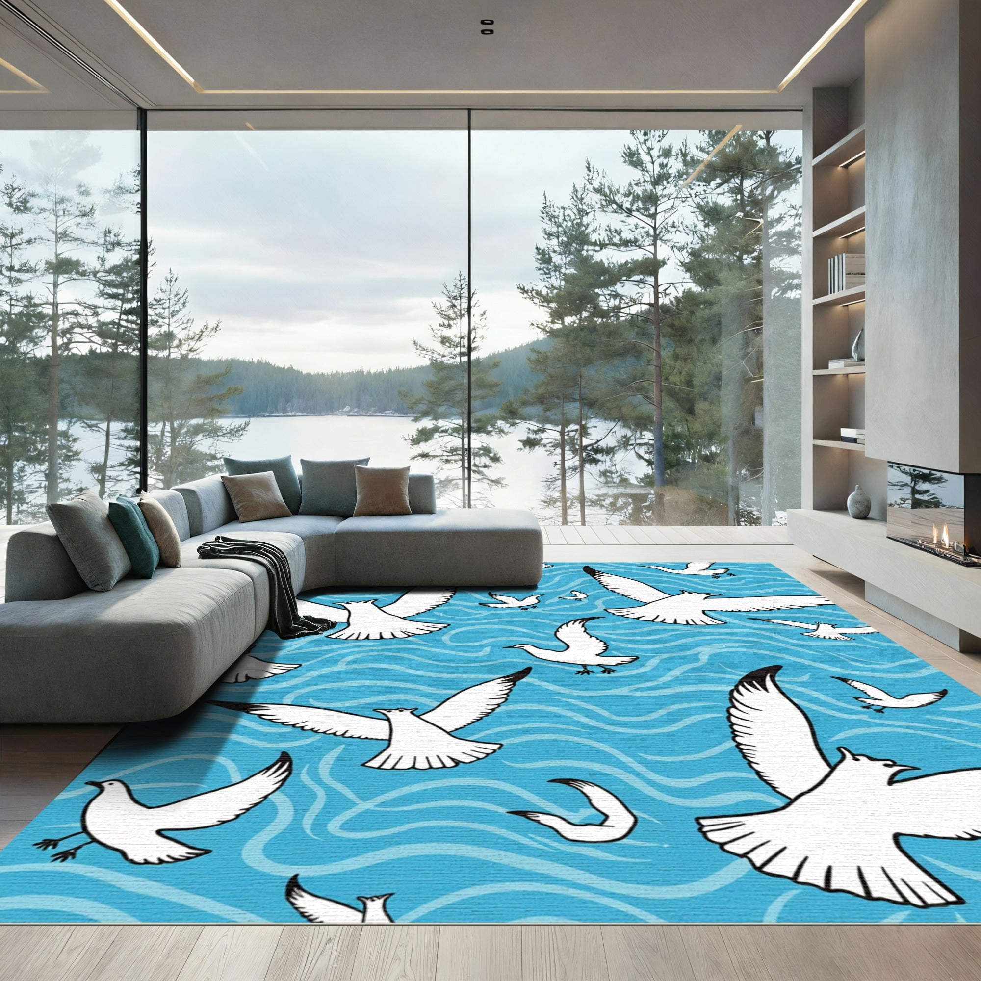 White Seagulls Against Blue Waves Rug